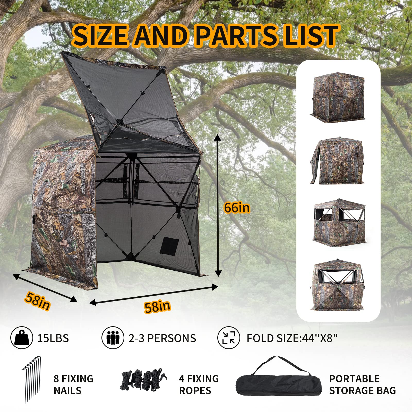 Funhorun Hunting Blind 360 Degree See Through Ground Blind With Carrying Bag, 2/3 Person Pop Up Camouflage Tent Portable Conceal