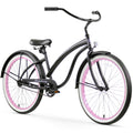 Firmstrong Bella Fashionista Womens Beach Cruiser Bicycle, Single Speed Bicycle, 26 Inch Wheels, Matte Black with Pink Rims
