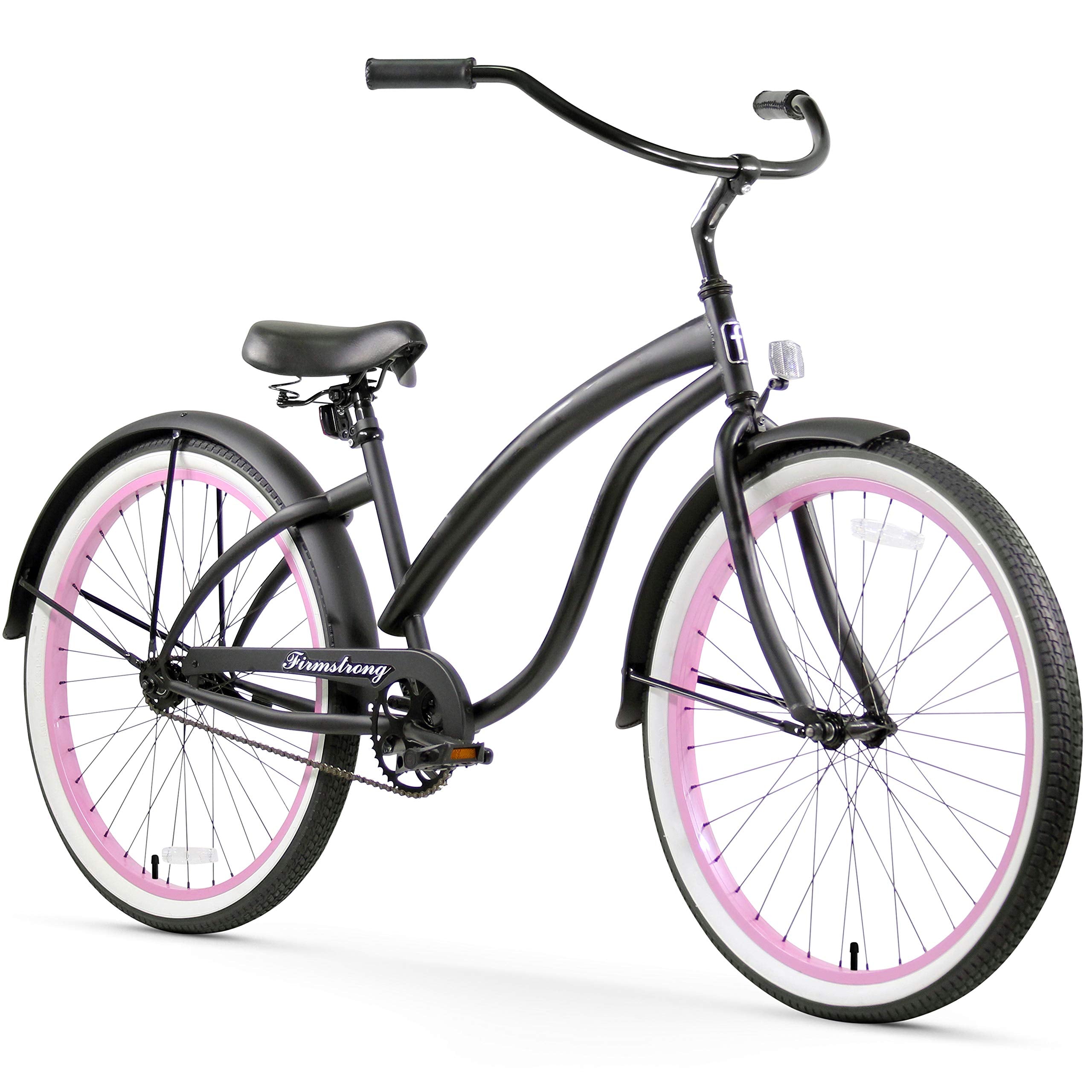 Firmstrong Bella Fashionista Womens Beach Cruiser Bicycle, Single Speed Bicycle, 26 Inch Wheels, Matte Black with Pink Rims