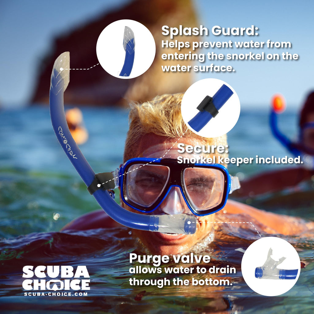 Scuba Choice Scuba Diving Comocean Free Dive Semi Dry Silicone J Snorkel With Splash Guard, Blue