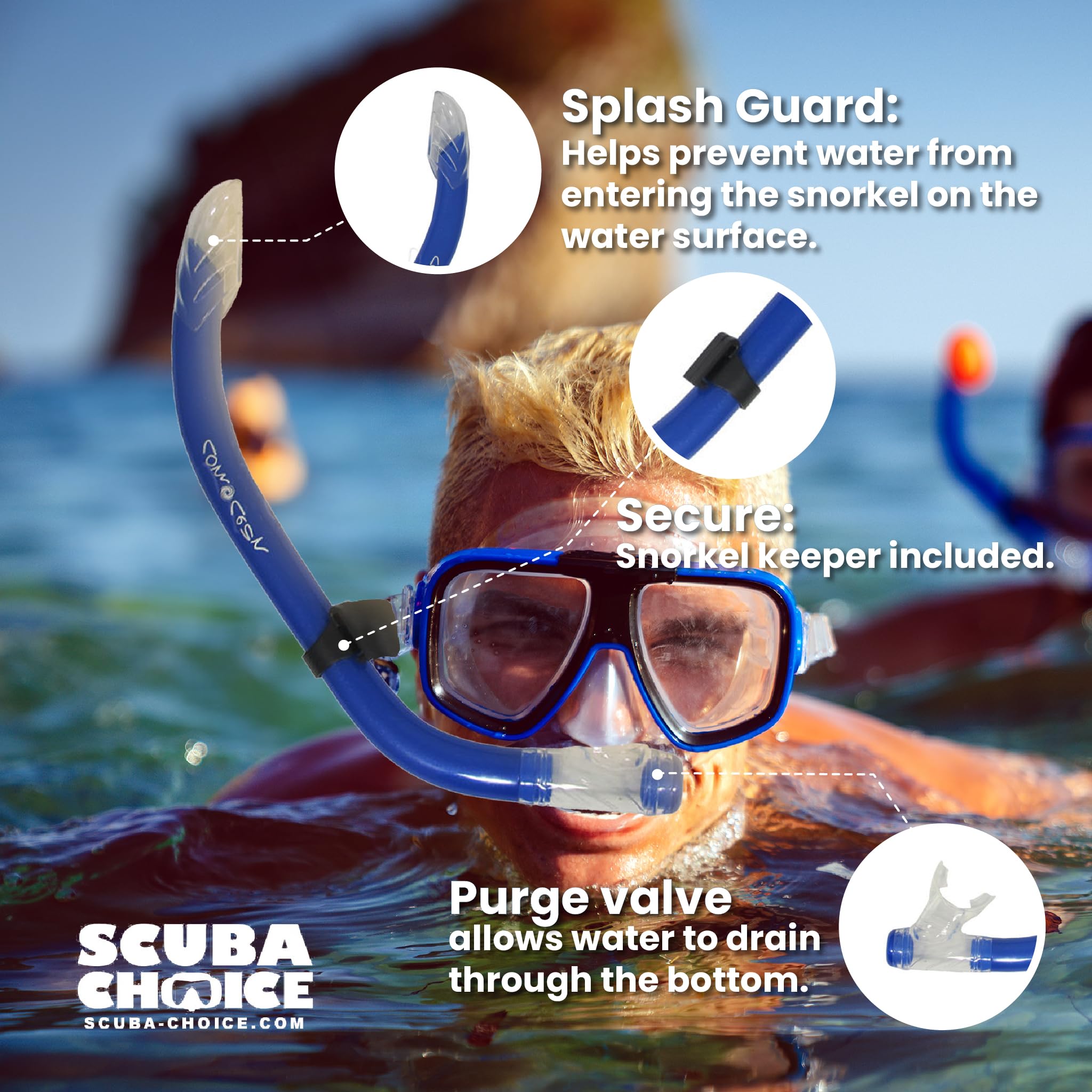 Scuba Choice Scuba Diving Comocean Free Dive Semi Dry Silicone J Snorkel With Splash Guard, Blue
