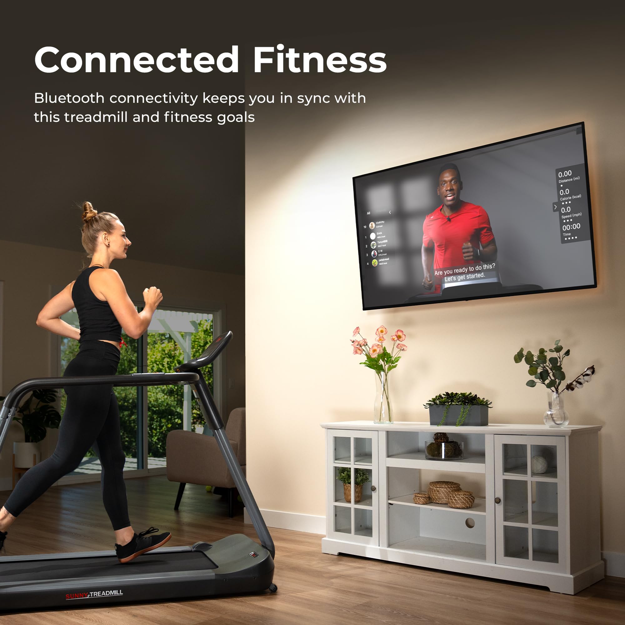Sunny Health & Fitness Endurance Cardio Running Walking Treadmill with Extended Safety Handrails, Low-Impact, Low Wide Deck and