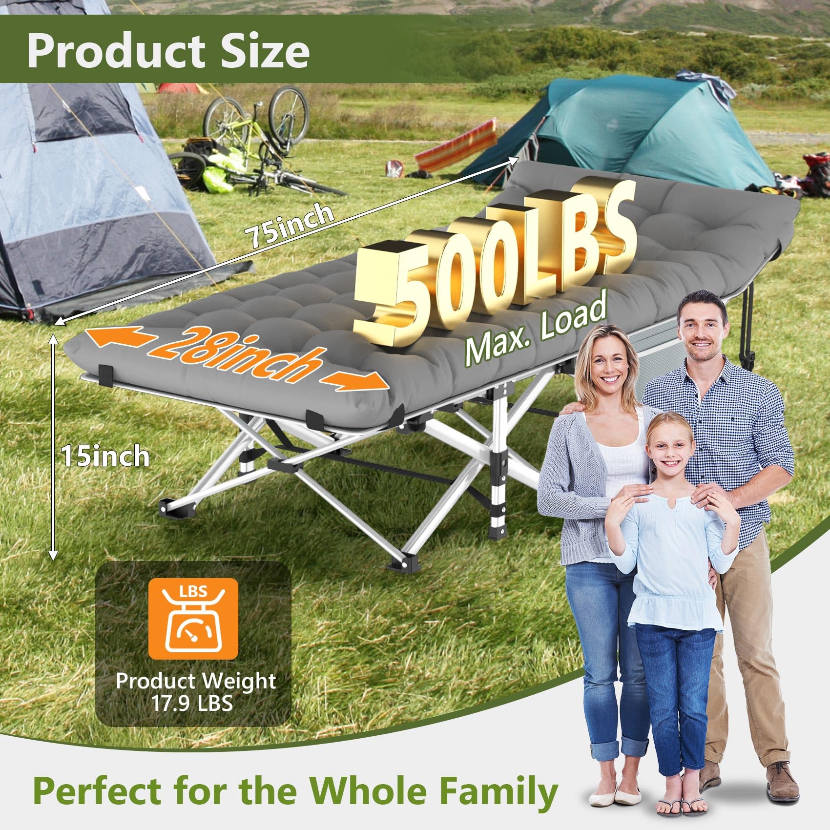 Slendor Camping Cot, Folding Camping Cots For Adults, Portable Sleeping Cot With Carry Bag, 1200D Double Layer Oxford, Camp Cot