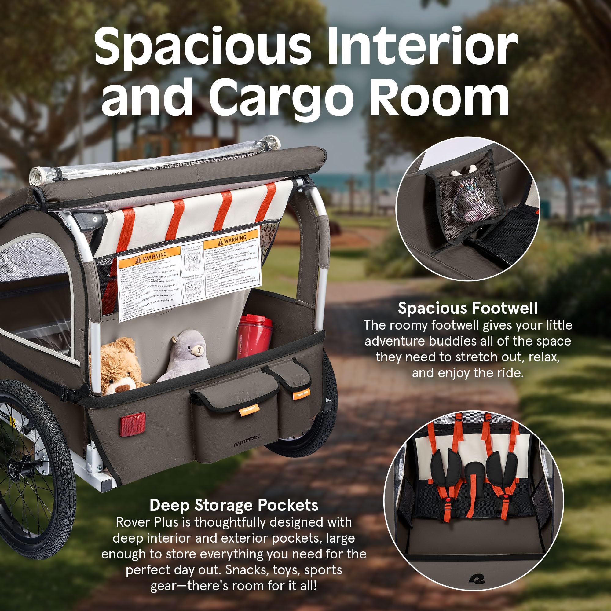 Retrospec Rover Plus Bike Trailer for Kids - Foldable Single/Double Passenger Design with 5-Point Safety Harness, Weather-Resist