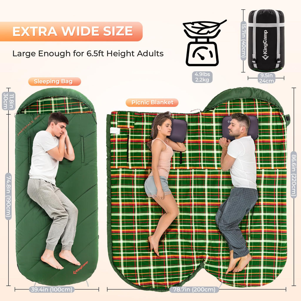 Kingcamp Wearable Sleeping Bag For Adults, Cold Weather & Warm Extra Wide Big & Tall Xl Portable Waterproof Flannel Sleeping Bag