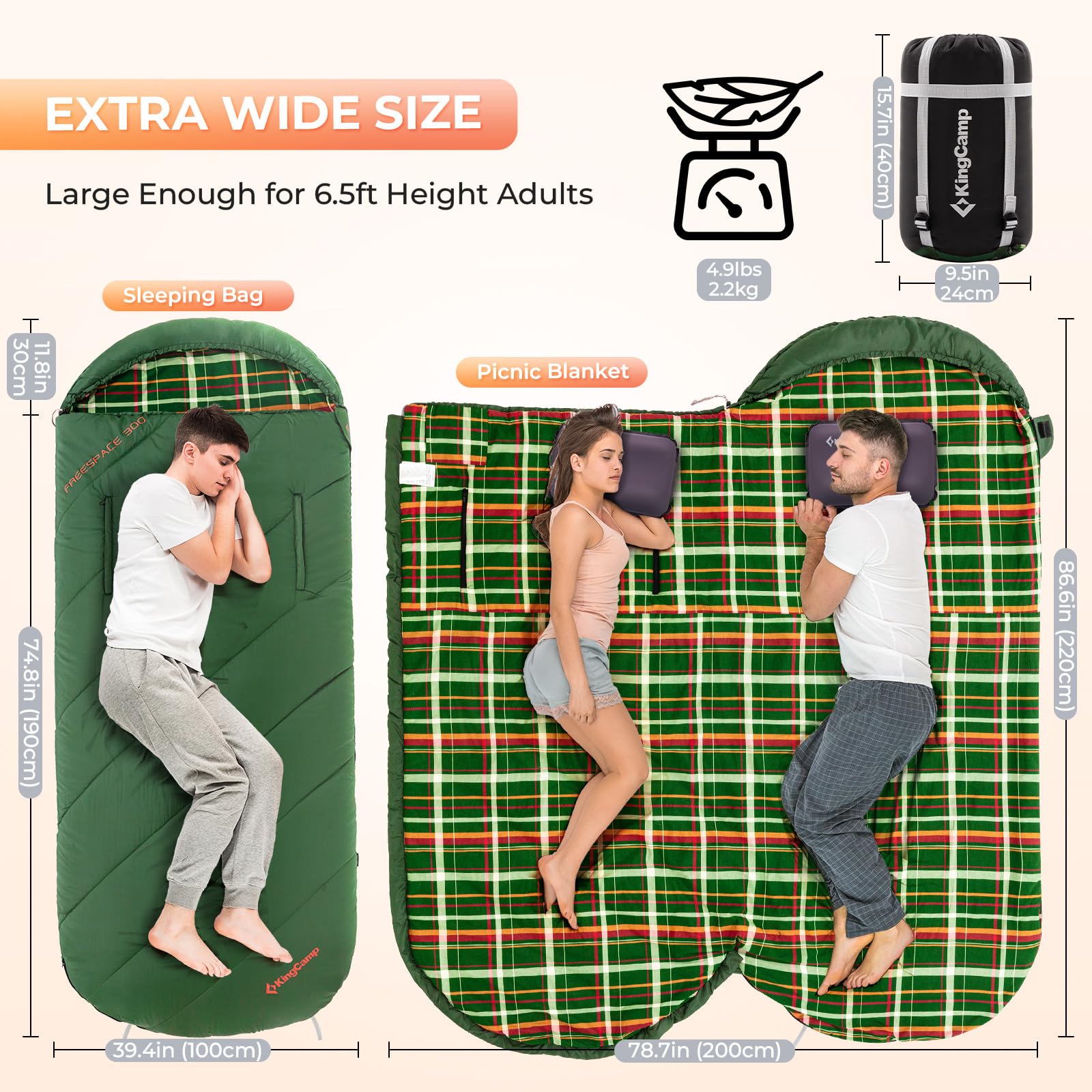Kingcamp Wearable Sleeping Bag For Adults, Cold Weather & Warm Extra Wide Big & Tall Xl Portable Waterproof Flannel Sleeping Bag