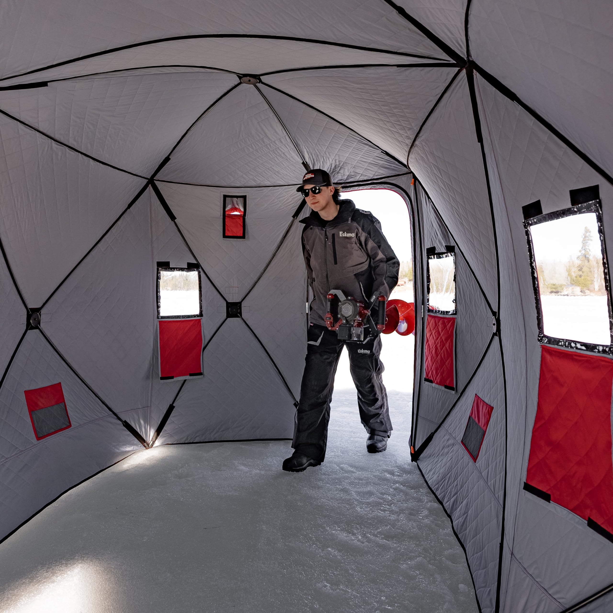 Eskimo QuickFish 6HD, Pop-Up Portable Shelter, No-Trip Door, Red/Black, Fully Insulated, Deluxe Ice Anchors, Six Person, Ice Fis