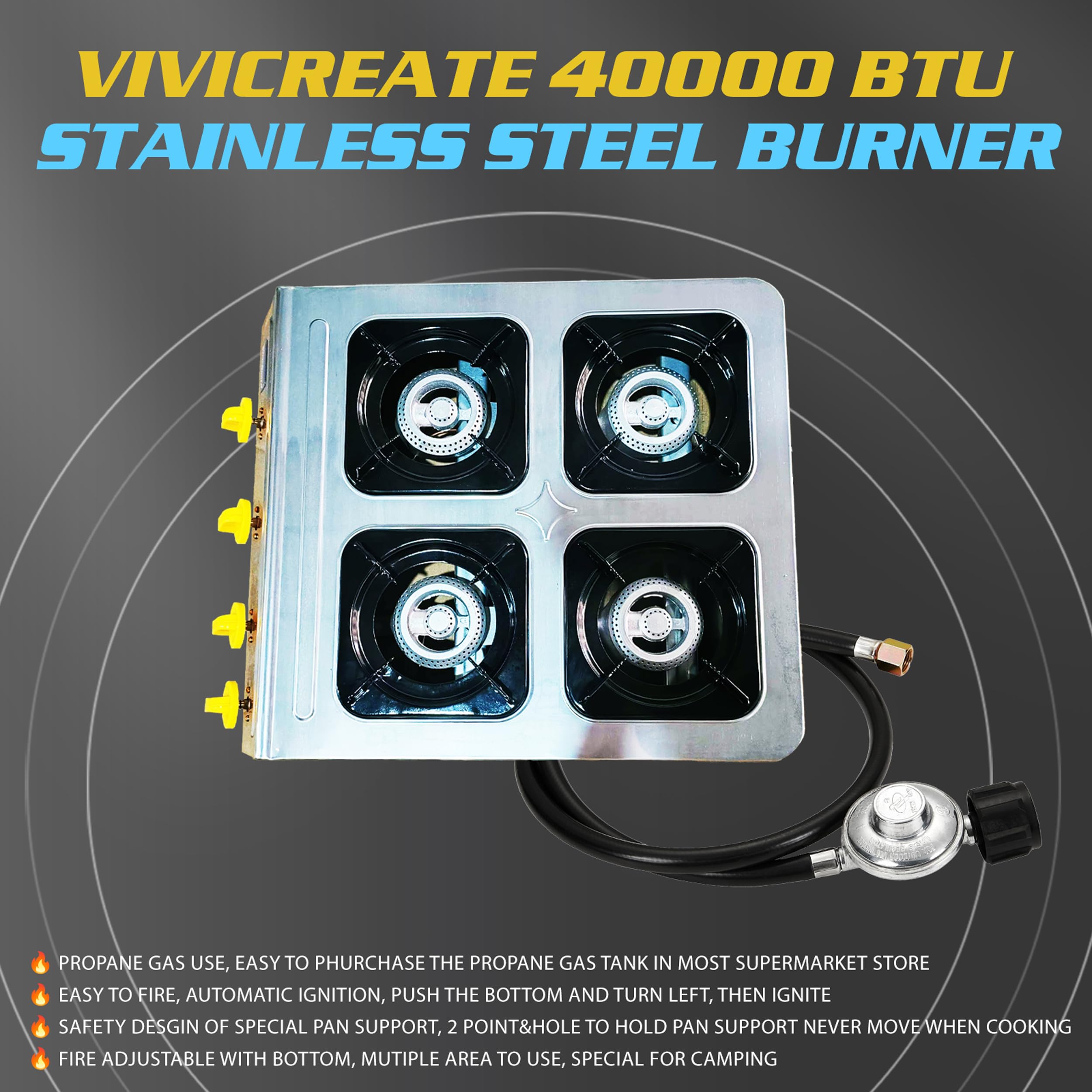 Vivicreate 4 Burner Propane Gas Stove 40000 Btu Stainless Steel Cooktop With Enamel Pan Support Electronic Ignition For Camping