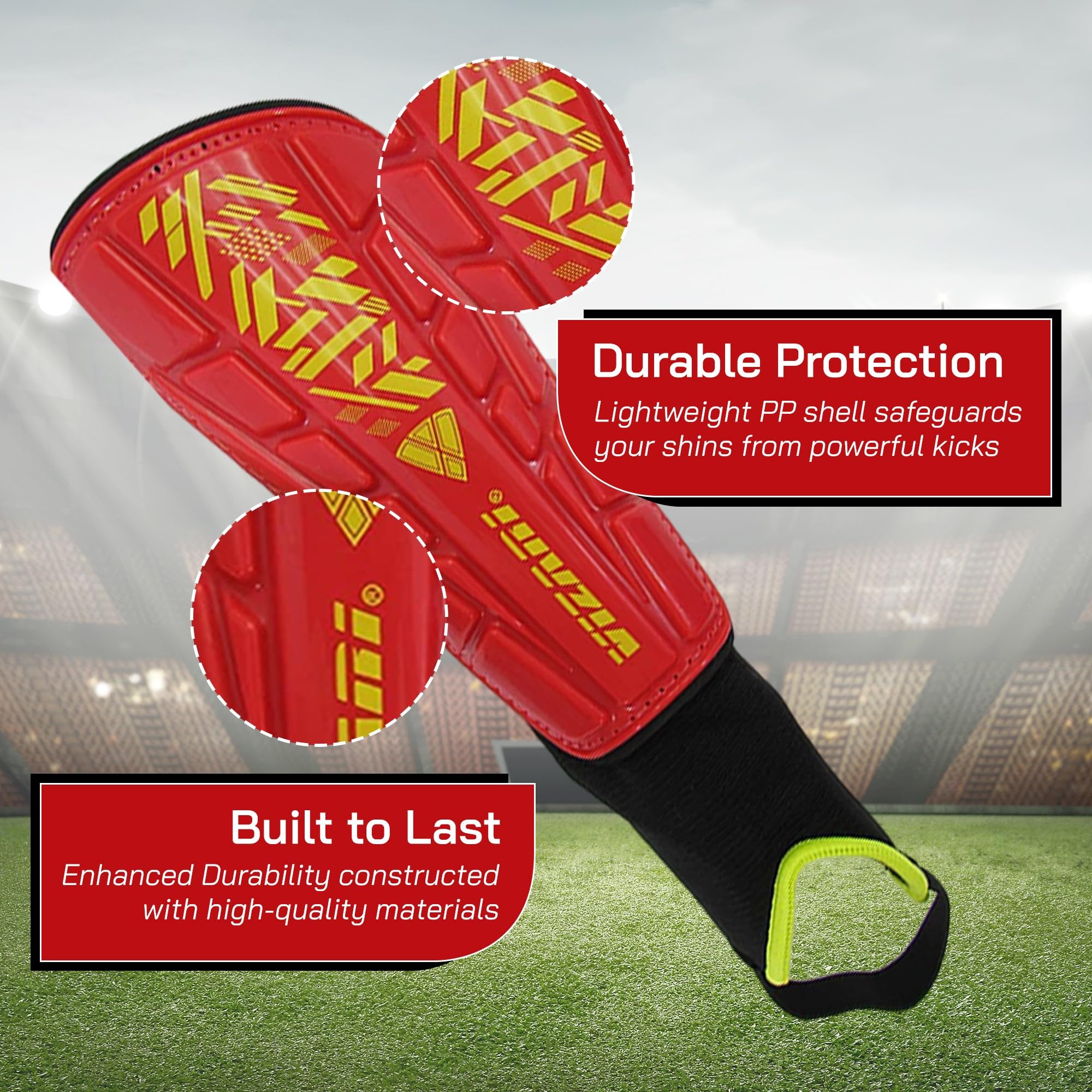 Vizari Malaga Soccer Shin Guards For Kids | Soccer Gear For Boys Girls | Protective Soccer Equipment | Adjustable Straps- Red, X