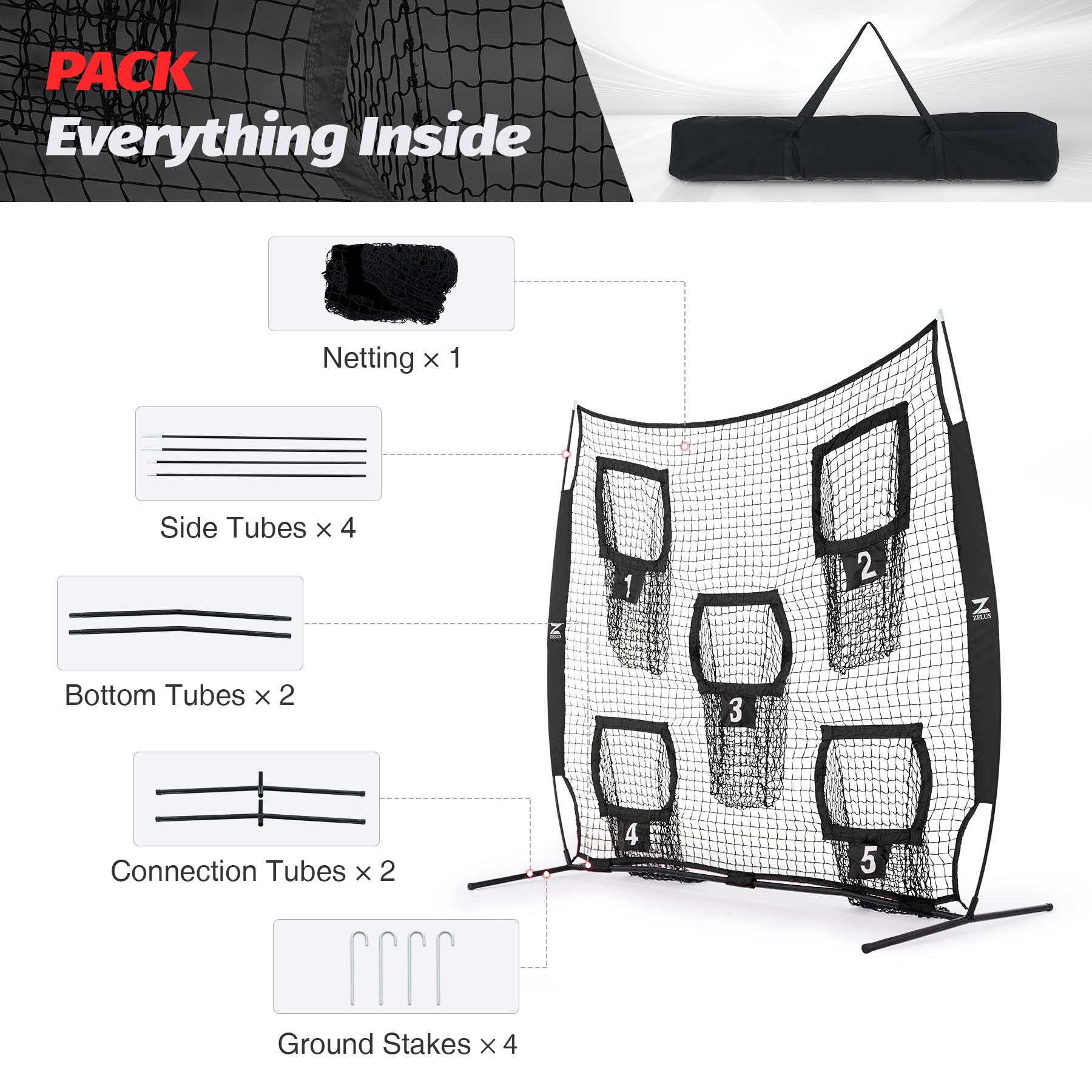ZELUS Football Throwing Net, 7x7ft Football Training Equipment with 5 Target Pockets for Throwing and Passing Practice, Portable