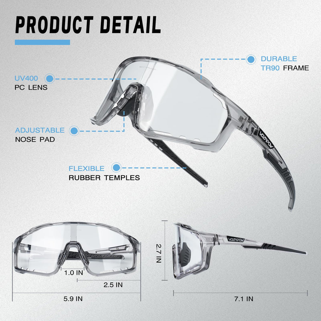 Vozapow Photochromic Cycling Glasses For Men Women, Uv Protection Tr90 Frame Sports Sunglasses For Mtb, Riding, Running, Fishing
