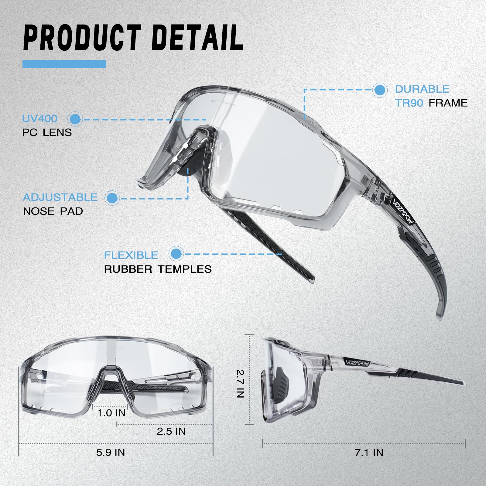 Vozapow Photochromic Cycling Glasses For Men Women, Uv Protection Tr90 Frame Sports Sunglasses For Mtb, Riding, Running, Fishing