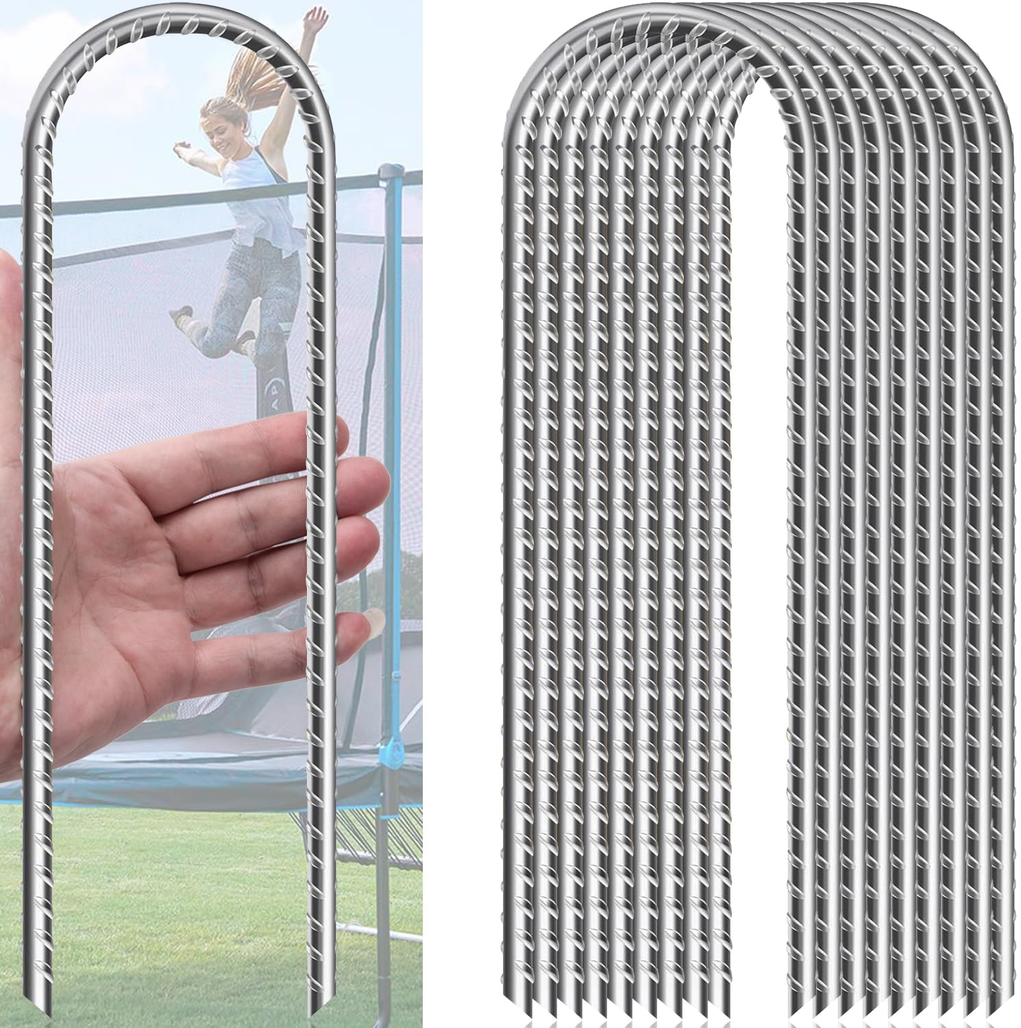 Trampoline Stake, U Shape Ground Stakes, Galvanized Rebar Stakes 12 Inch, (10 Pack) Trampoline Ground Stake, Ideal For Securing 