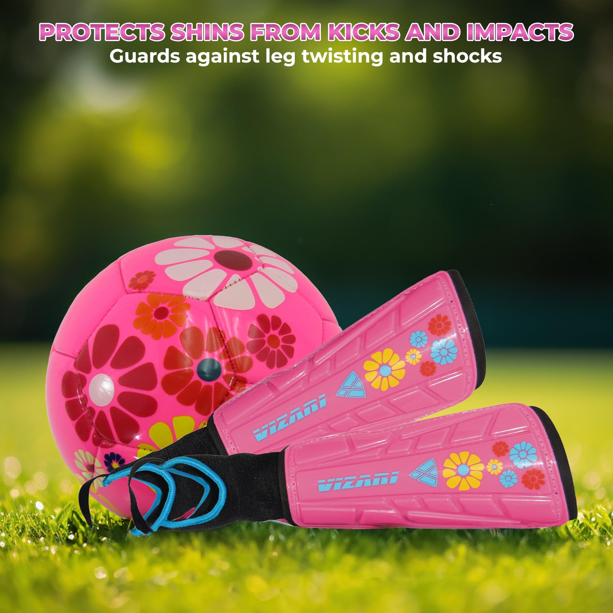 Vizari Blossom Kids Soccer Shin Guards For Girls - Pink/Blue, M | Dual-Layered Protection & Ventilated Football Shin Pads With A