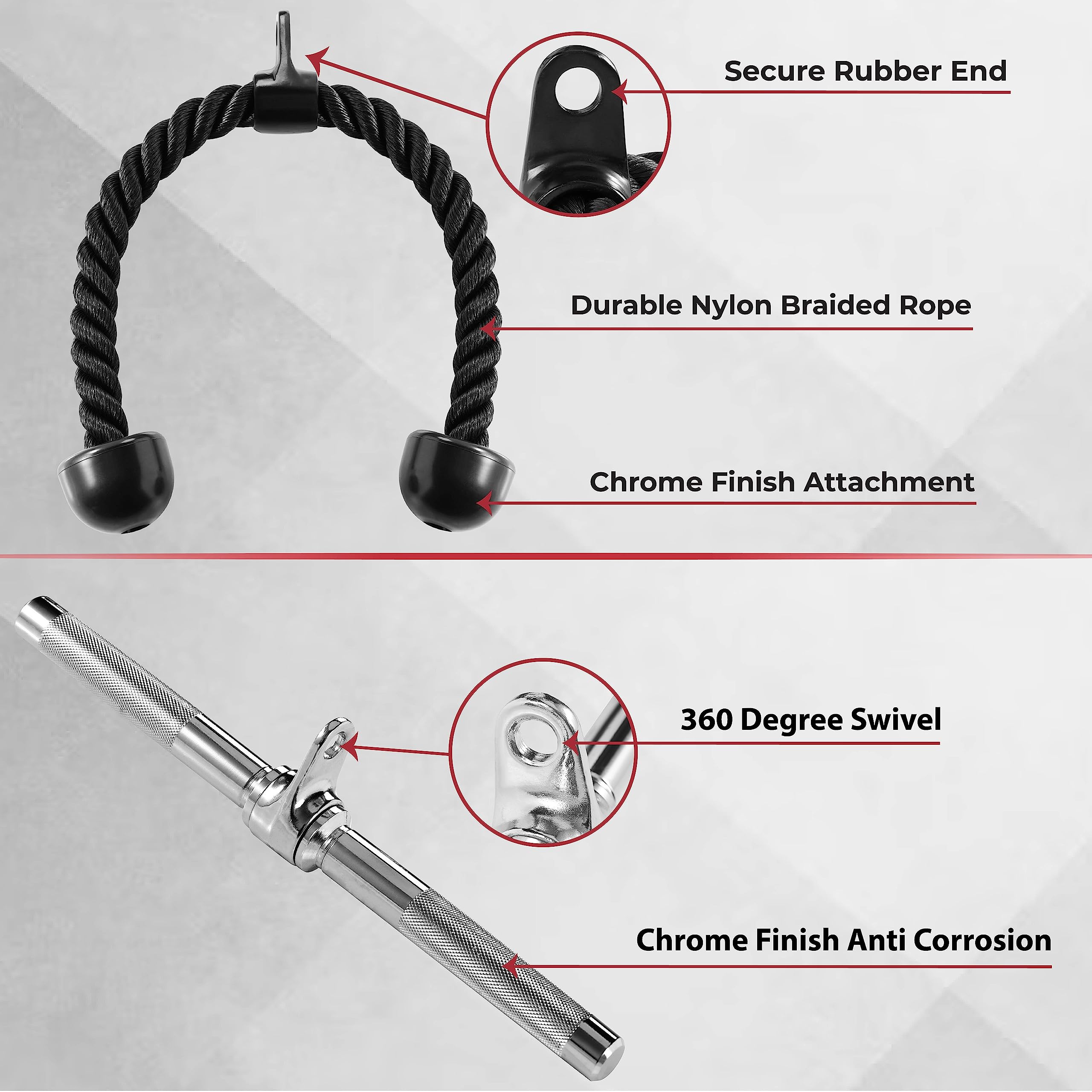 Yes4All Combo Rotating Straight Bar And Tricep Rope, Cable Machine Attachment/Tricep Pull Down Rope - Cable Bar For Strength Tra