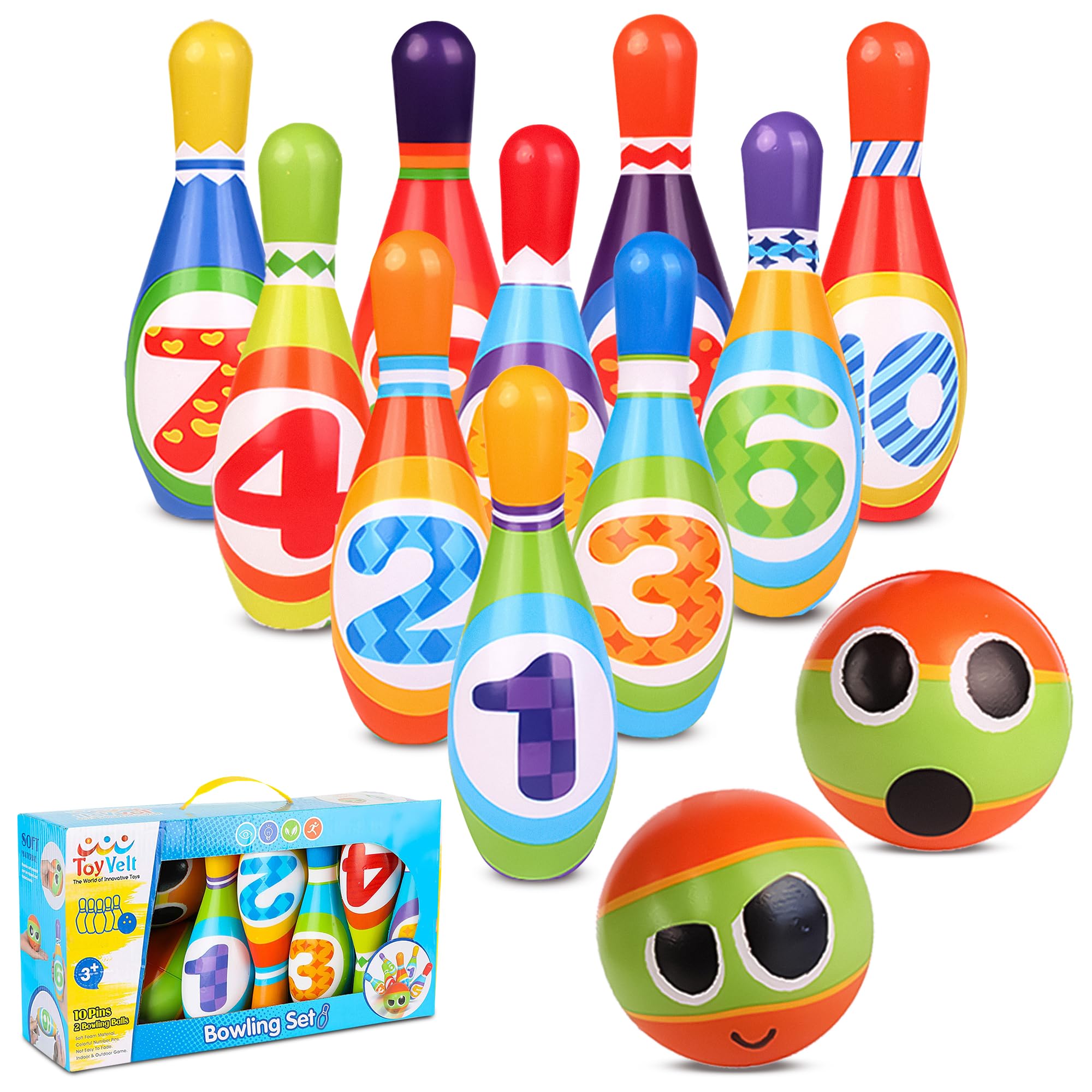 Toyvelt Kids Bowling Set - With 10 Bowling Pins & 2 Balls - Educational Early Development Indoor & Outdoor Games Set - For Toddl