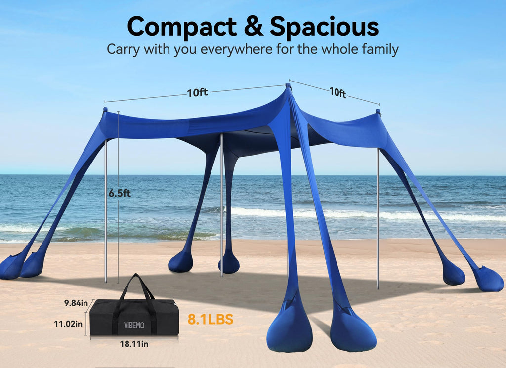 Vibemo Beach Tent, Beach Canopy Sun Shade With Upf50+ Uv Protection, 10X10Ft, Includes 8 Sandbags, Sand Shovel, Ground Pegs & 4