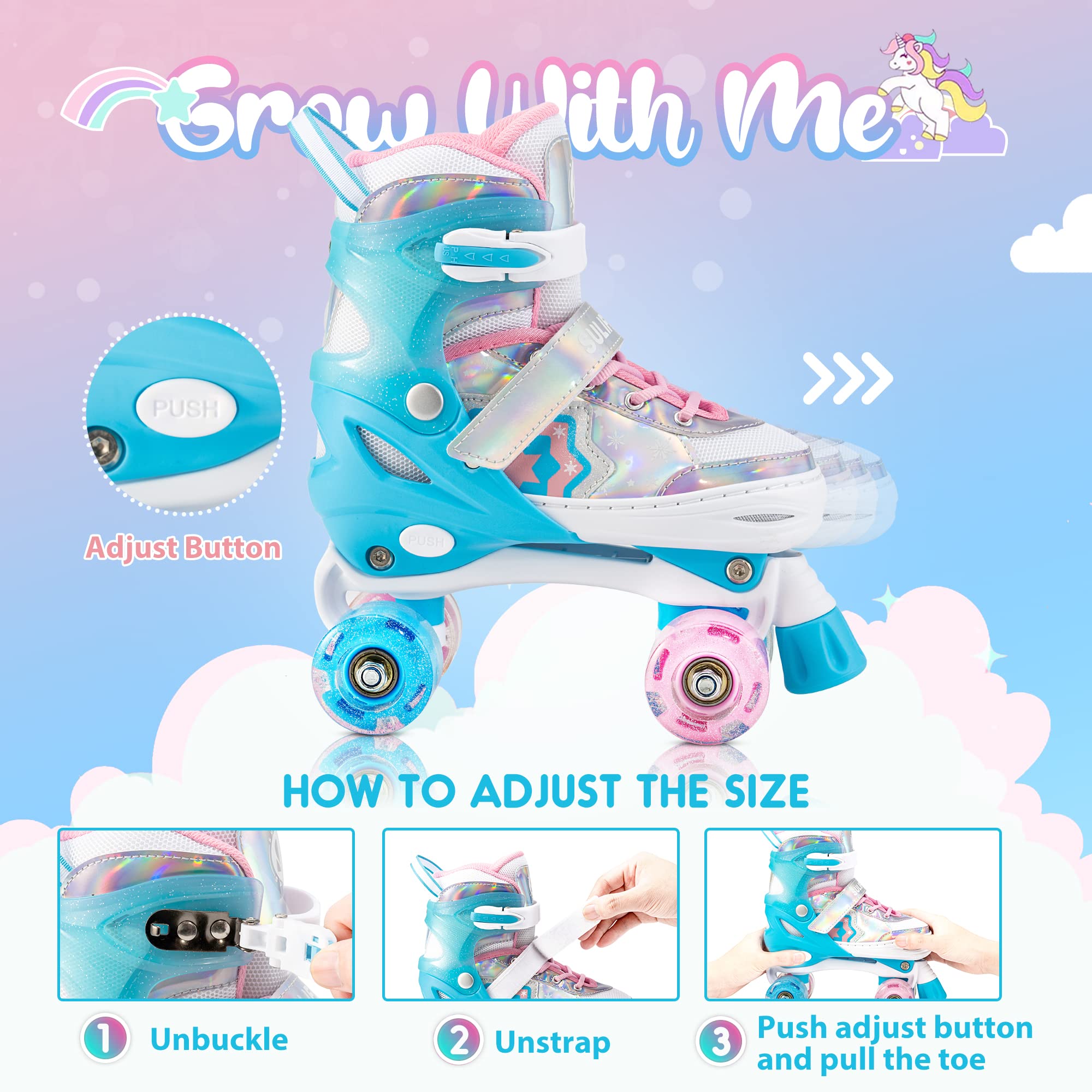 Sulifeel Rainbow Unicorn 4 Size Adjustable Light Up Roller Skates For Girls Boys For Kids Blue Medium