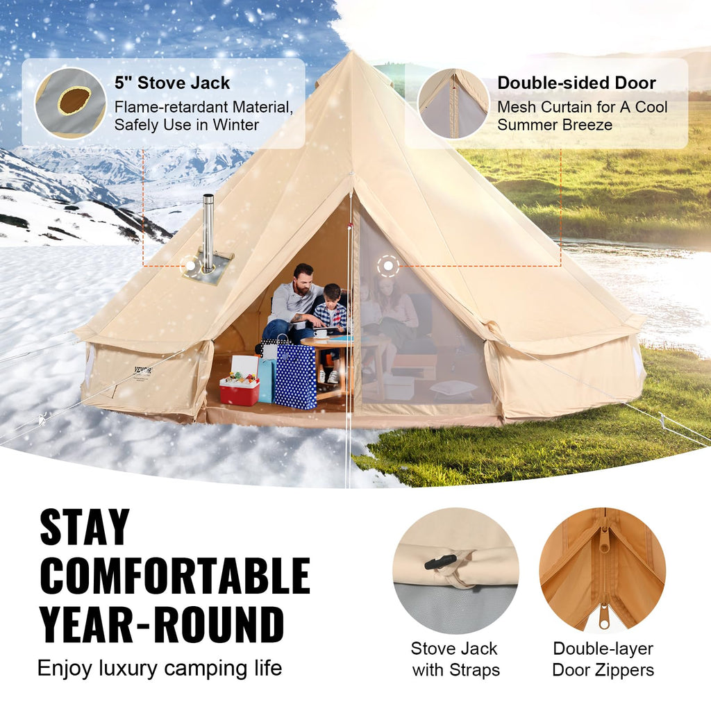 Vevor Canvas Bell Tent, Yurt Tents 4 Seasons 7 M/22.97 Ft, Canvas Tents For Camping With Stove Jack Holds Up To 12 People, Famil