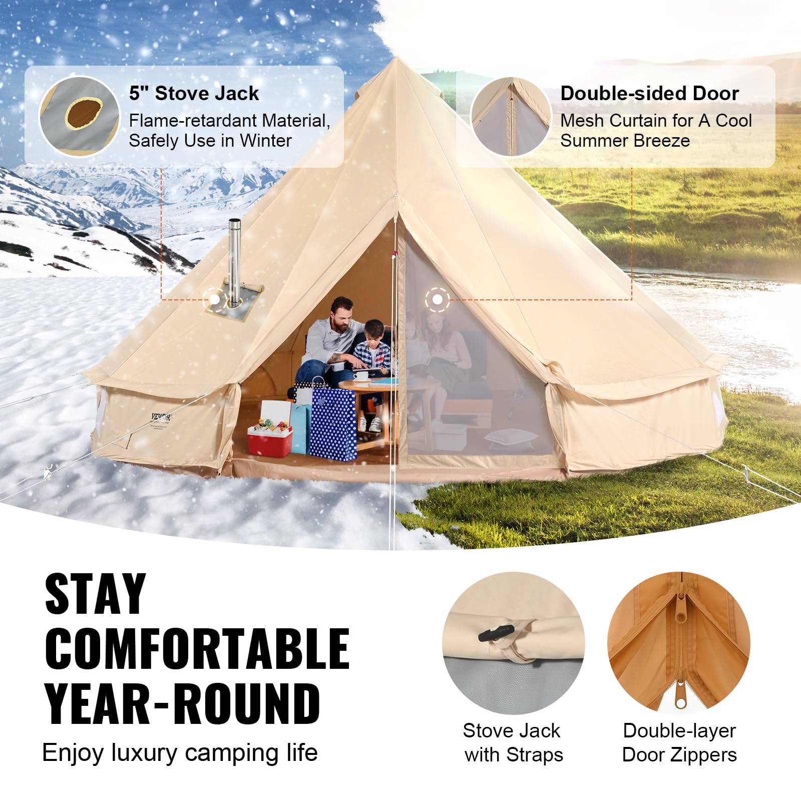 Vevor Canvas Bell Tent, Yurt Tents 4 Seasons 7 M/22.97 Ft, Canvas Tents For Camping With Stove Jack Holds Up To 12 People, Famil