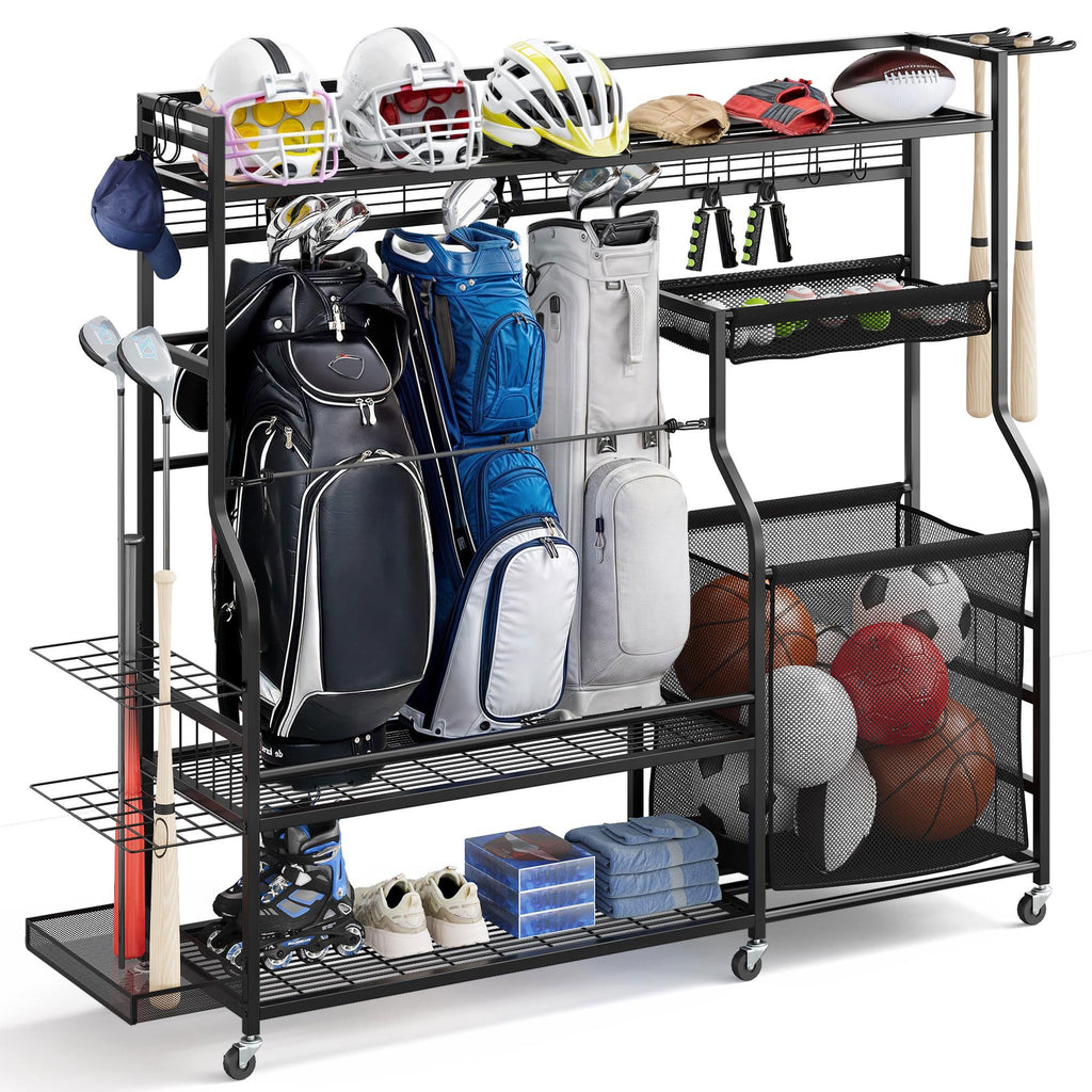DWVO Sports Equipment Organizer, 3 Golf Bags Storage Stand with Wheels, Sport Gear Accessories Rack and Ball Organizer Bin for G