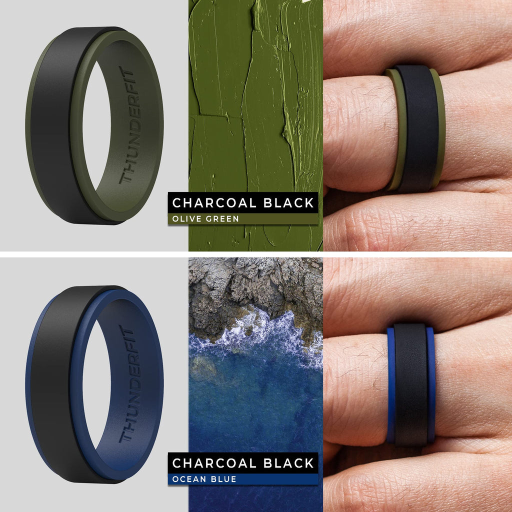 Thunderfit Silicone Wedding Rings For Men, 2 Layers Step Edge - 10Mm Width - 2.3Mm Thick (Black Grey, Black Orange, Black Olive