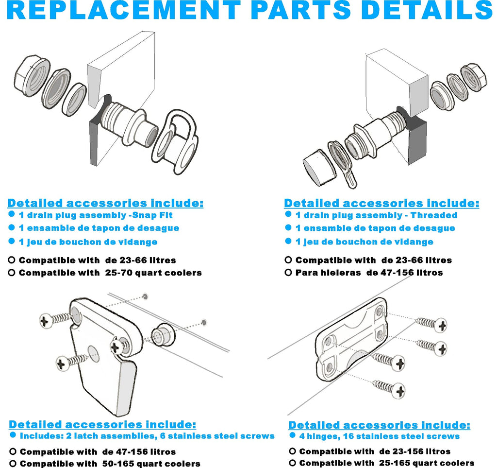 Cooler Replacement Parts Kit, Ice Chest Plastic Hinges, Latch Posts, And Screws, Threaded, And Triple-Snap Drain Plug. The Best