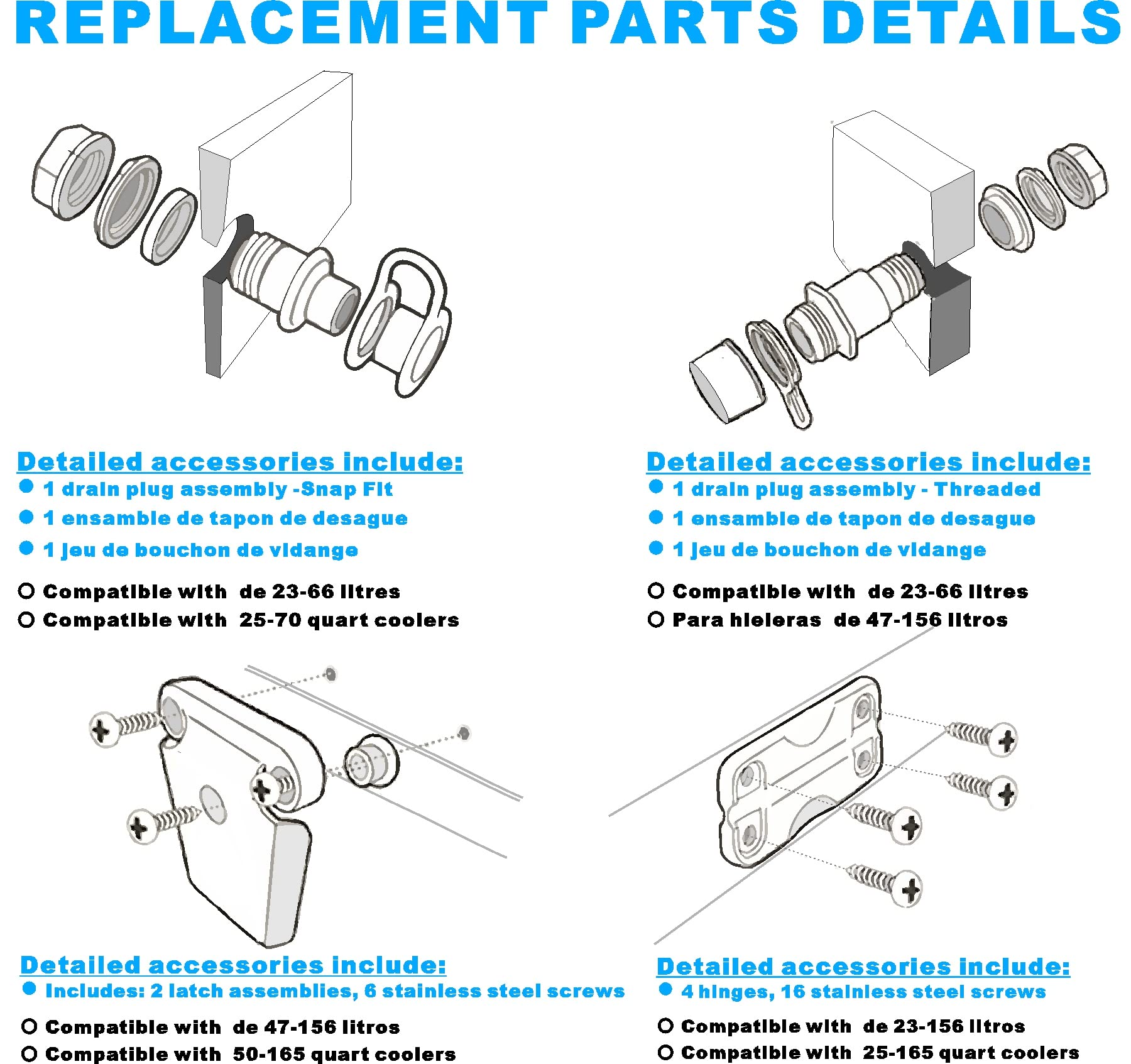 Cooler Replacement Parts Kit, Ice Chest Plastic Hinges, Latch Posts, And Screws, Threaded, And Triple-Snap Drain Plug. The Best