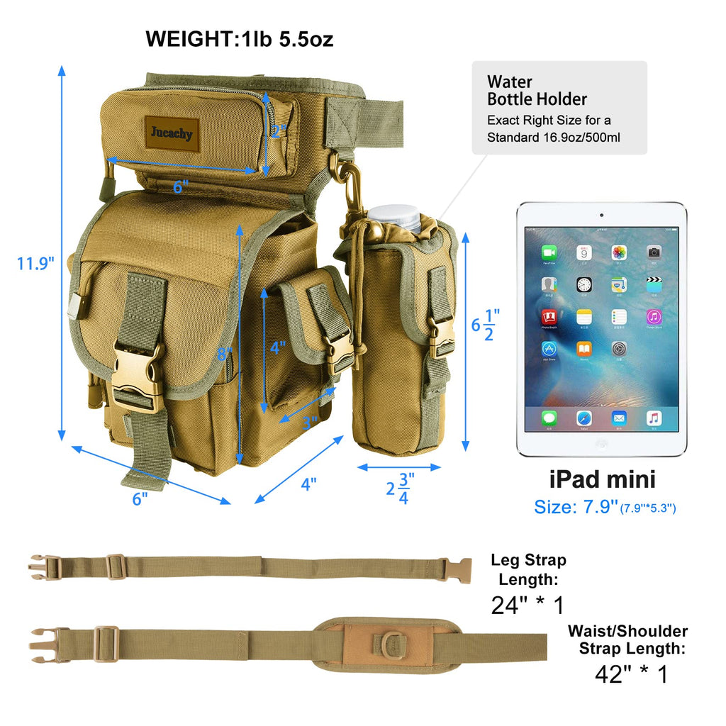Jueachy Drop Leg Bag For Men Tactical Metal Detecting Thigh Pack With Water Bottle Pouch Tan