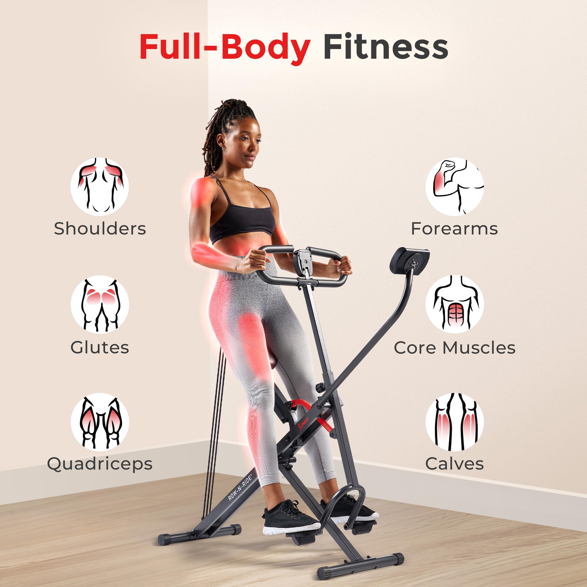 Sunny Health & Fitness Smart Upright Row-N-Ride Exerciser, Squat Assist Trainer for Glutes Workout with Adjustable Resistance, E