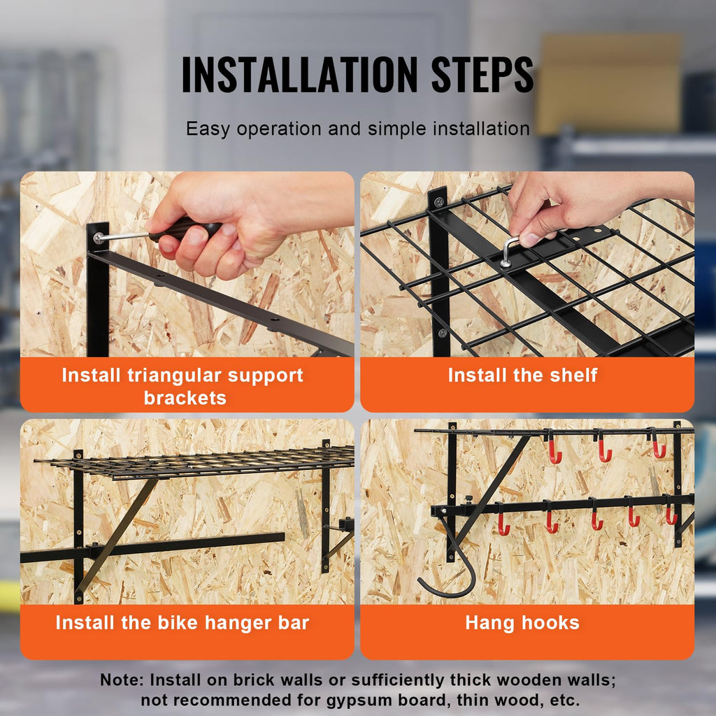 Vevor Bike Storage Rack Wall Mount Garage Bike Holder & 2 Shelves For 4 Bicycles