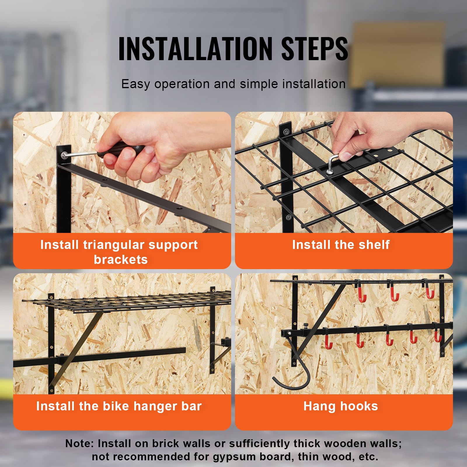 Vevor Bike Storage Rack Wall Mount Garage Bike Holder & 2 Shelves For 4 Bicycles