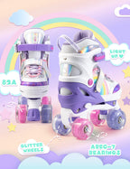 Sulifeel Rainbow Unicorn 4 Size Adjustable Light Up Roller Skates For Girls Boys For Kids Purple Medium