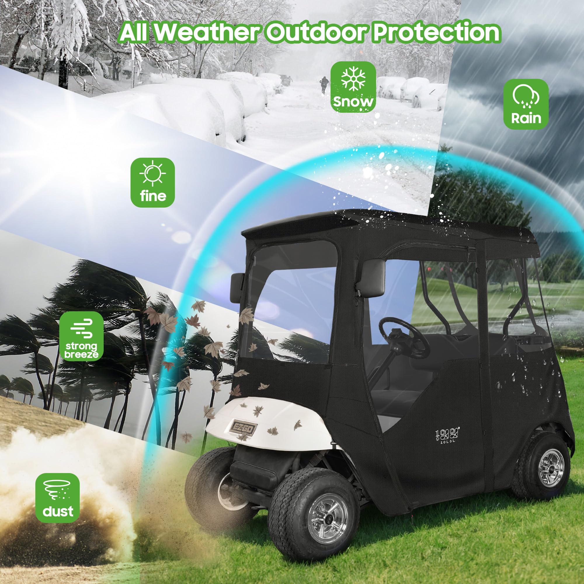10L0L Golf Cart Enclosure 600D For 2 Passenger Universal Ezgo Txt/Rxv, With 2 Door Zippers, Security Side Mirror Openings, Taill