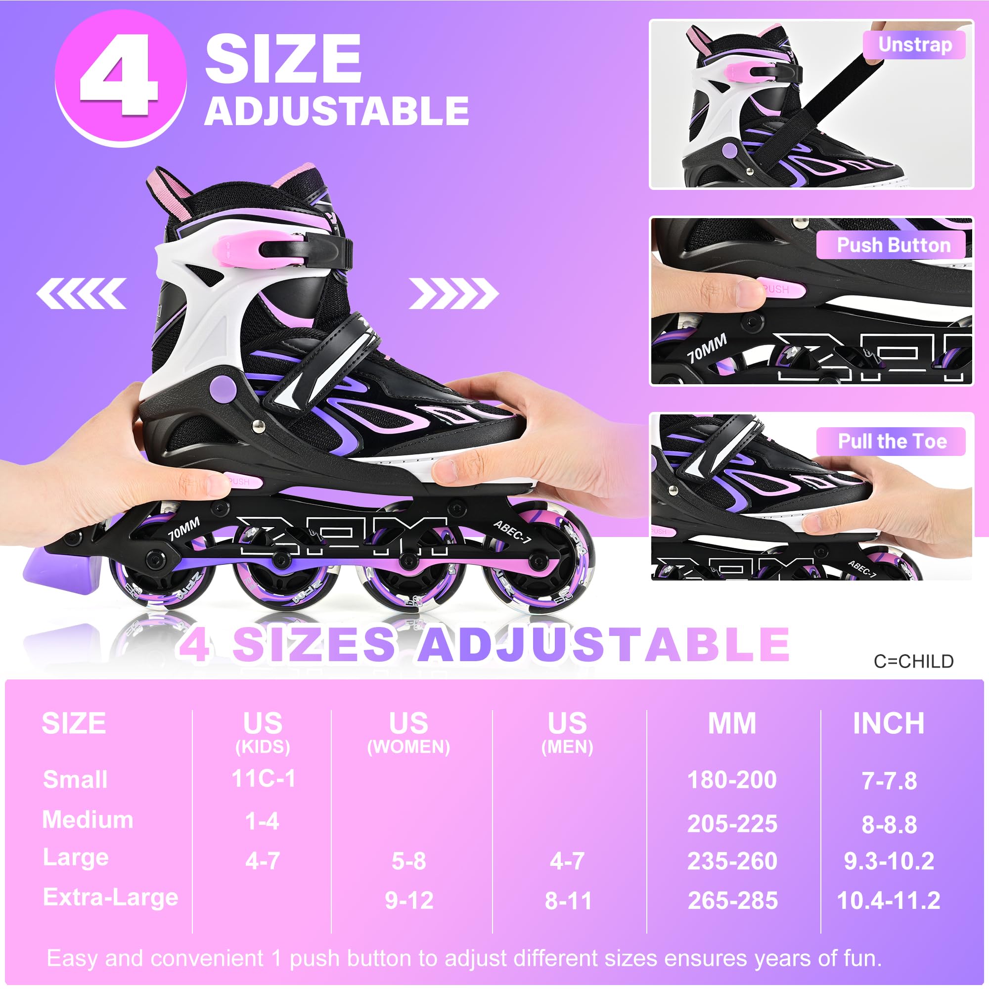 2PM SPORTS Vinal Inline Skates for Girls Boys Kids Ages 5-8 8-12 with Adjustable Illuminating Wheels, Inline Roller Skates for Y