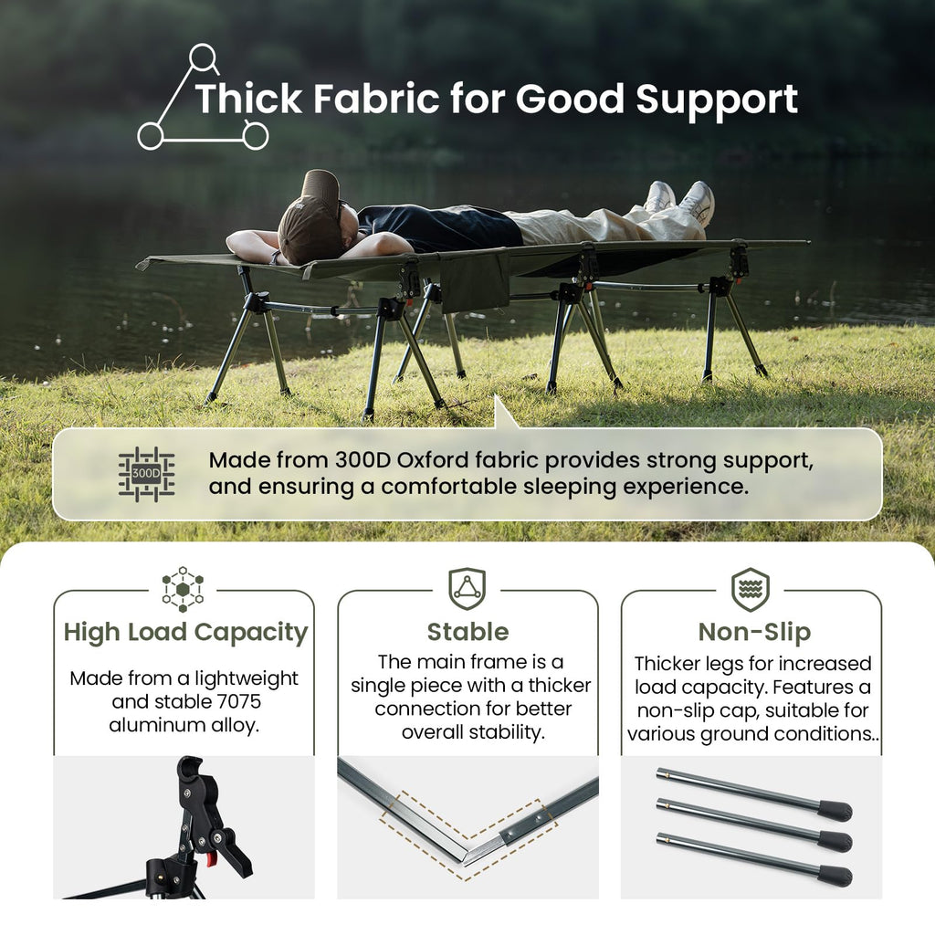Onetigris Supranubis Camping Cot, Height Adjustable With Cot Leg Extenders, Strong Support 330Lbs, Lightweight Comfortable Foldi