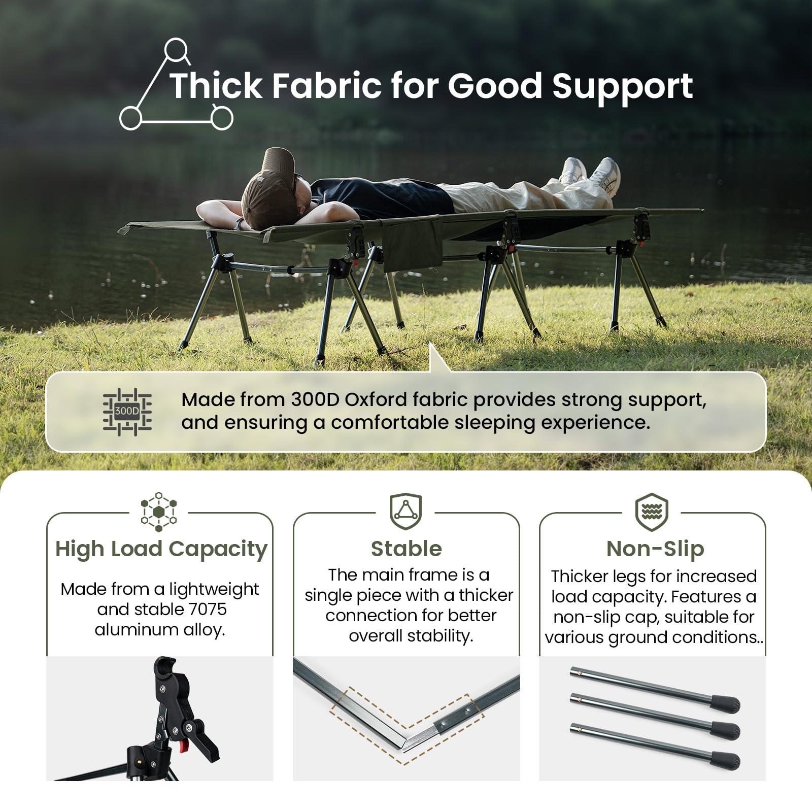 Onetigris Supranubis Camping Cot, Height Adjustable With Cot Leg Extenders, Strong Support 330Lbs, Lightweight Comfortable Foldi