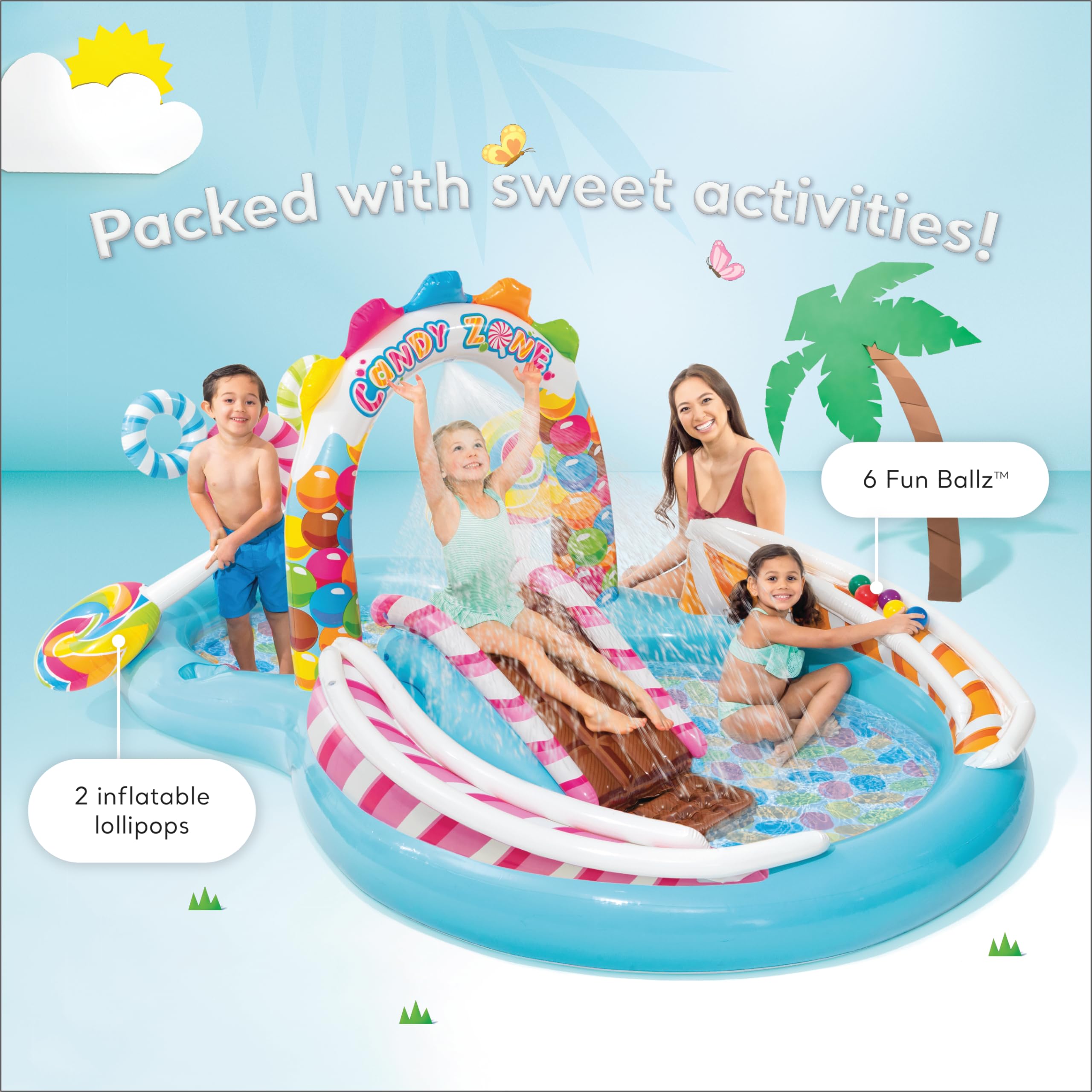 Intex Candy Zone Inflatable Kiddie Pool: Inflatable Kids Pool With Water Sprayer And Slide - Splash Pad - 116'' X 75'' X 51'' -