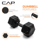CAP Barbell 30 LB Rubber Coated Hex Dumbbell Hand Weight - Pair | Black Handle