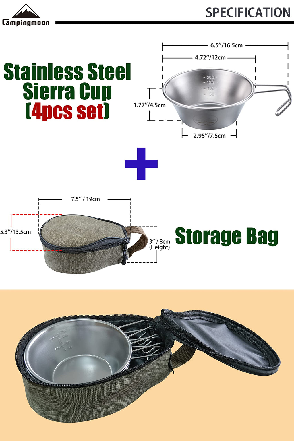 Campingmoon 4Pcs Set Stainless Steel Camping Sierra Cup 310Ml With Storage Case S220-4P+B