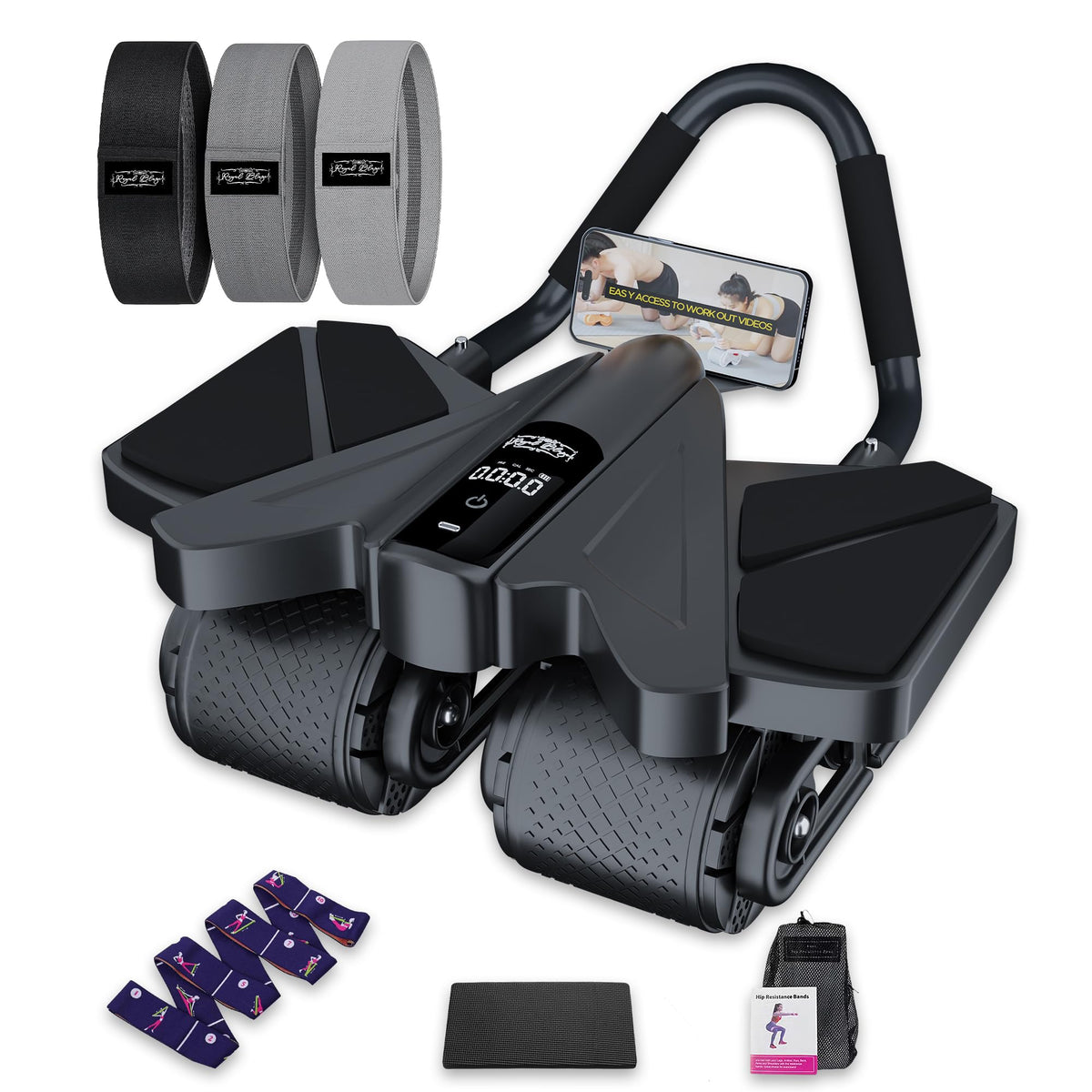 Ab Roller Home Gym Equipment  4 Wheels Ab Wheel Muscle Roller with LCD Screen, Yoga Stretching Strap, 3 Resistance Bands  Comf