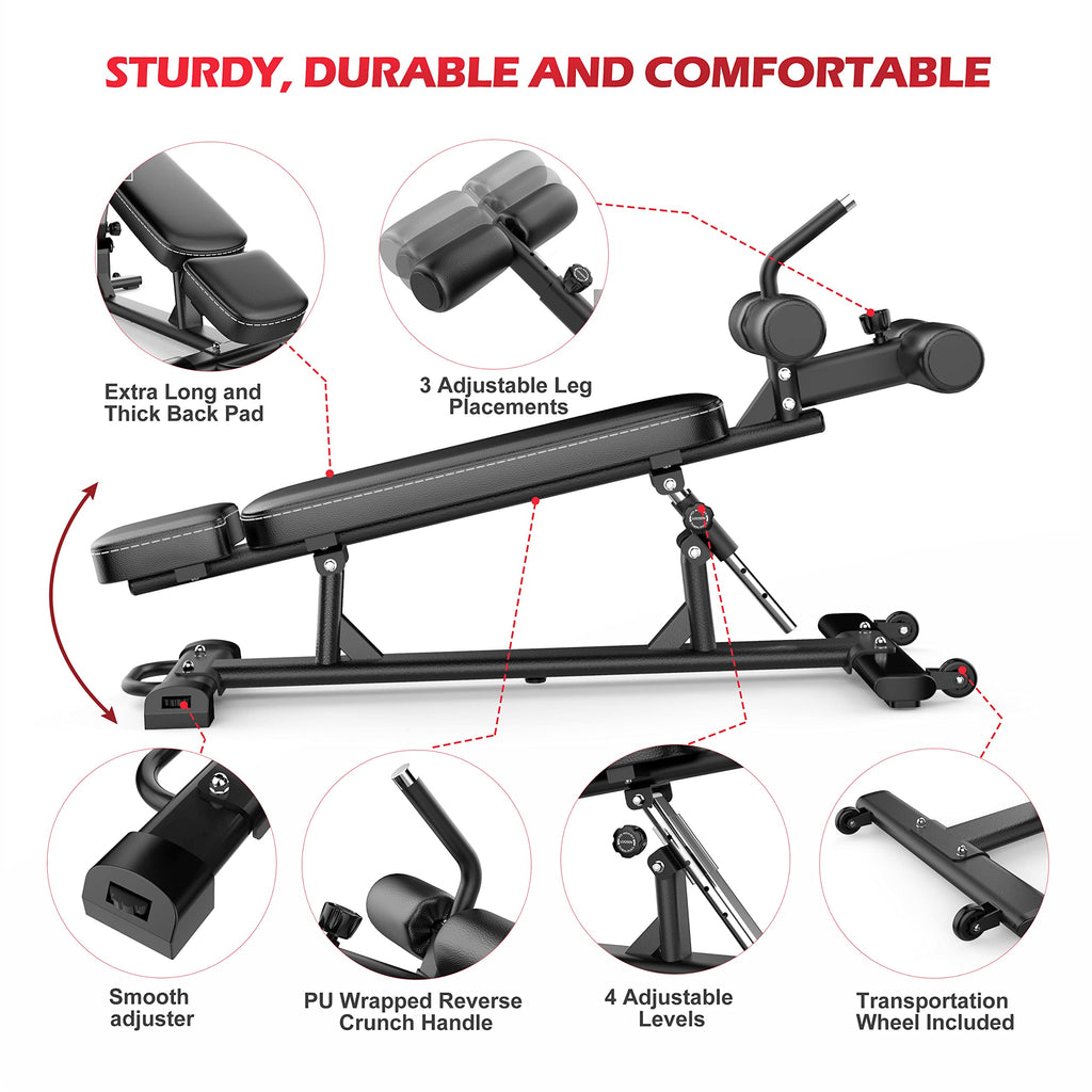Finer Form Semi-Commercial Sit-Up Bench For Core Workouts And Decline Bench Press. Adjustable Weight Bench With Reverse Crunch H