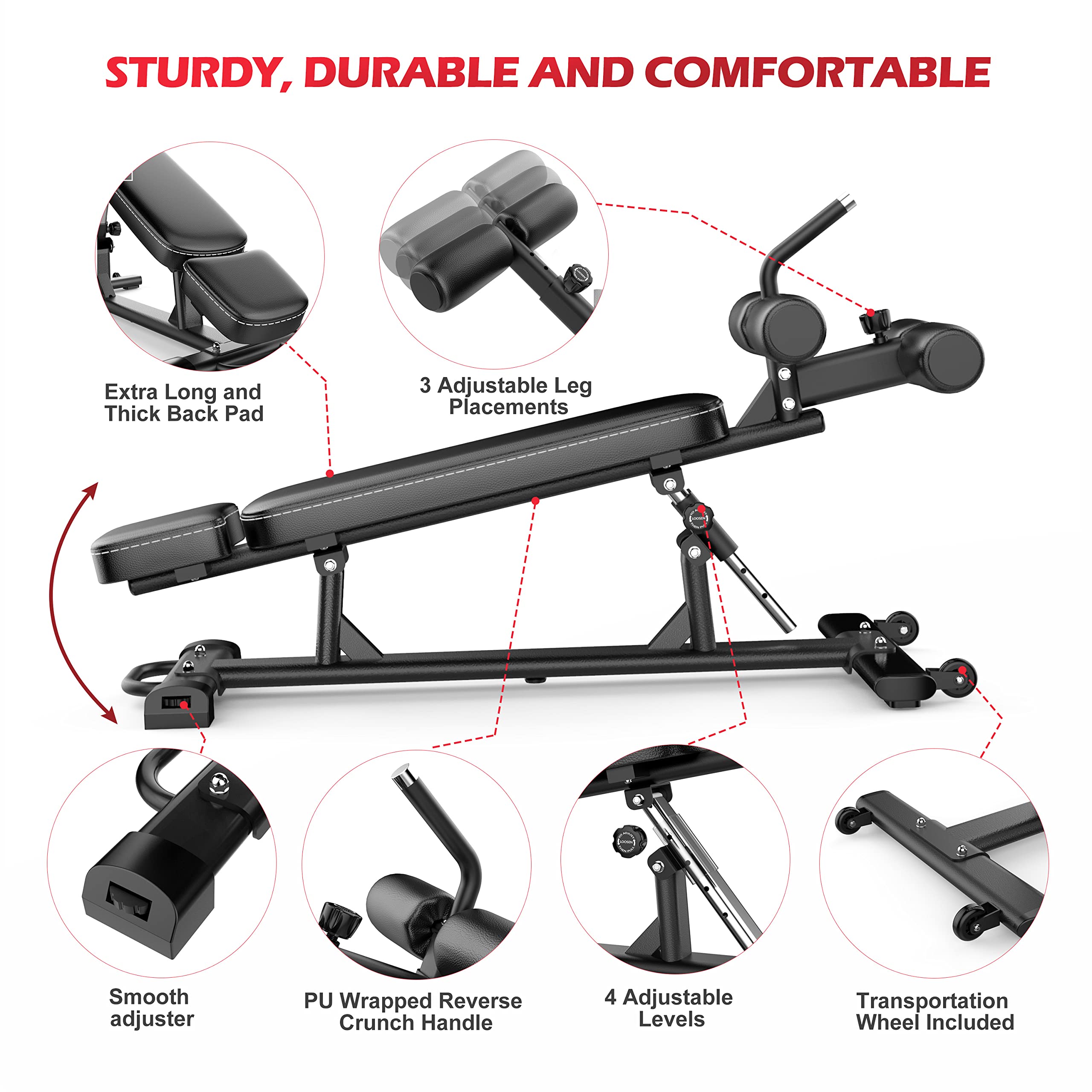 Finer Form Semi-Commercial Sit-Up Bench For Core Workouts And Decline Bench Press. Adjustable Weight Bench With Reverse Crunch H