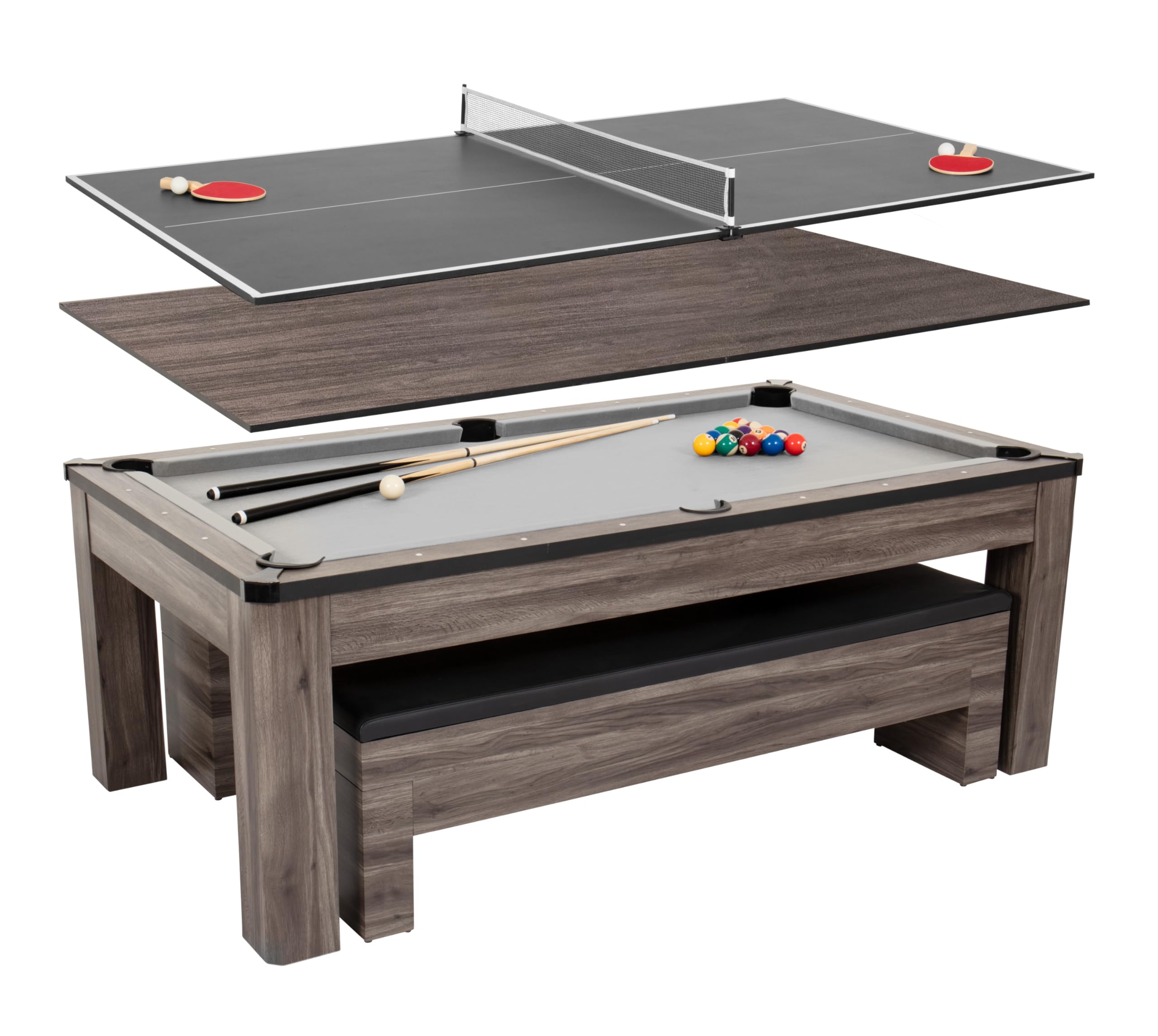 Atomic 7 Hampton 3-In-1 Combination Table Includes Billiards, Table Tennis, And Dining Table With Dual Storage Bench Seating, Gr