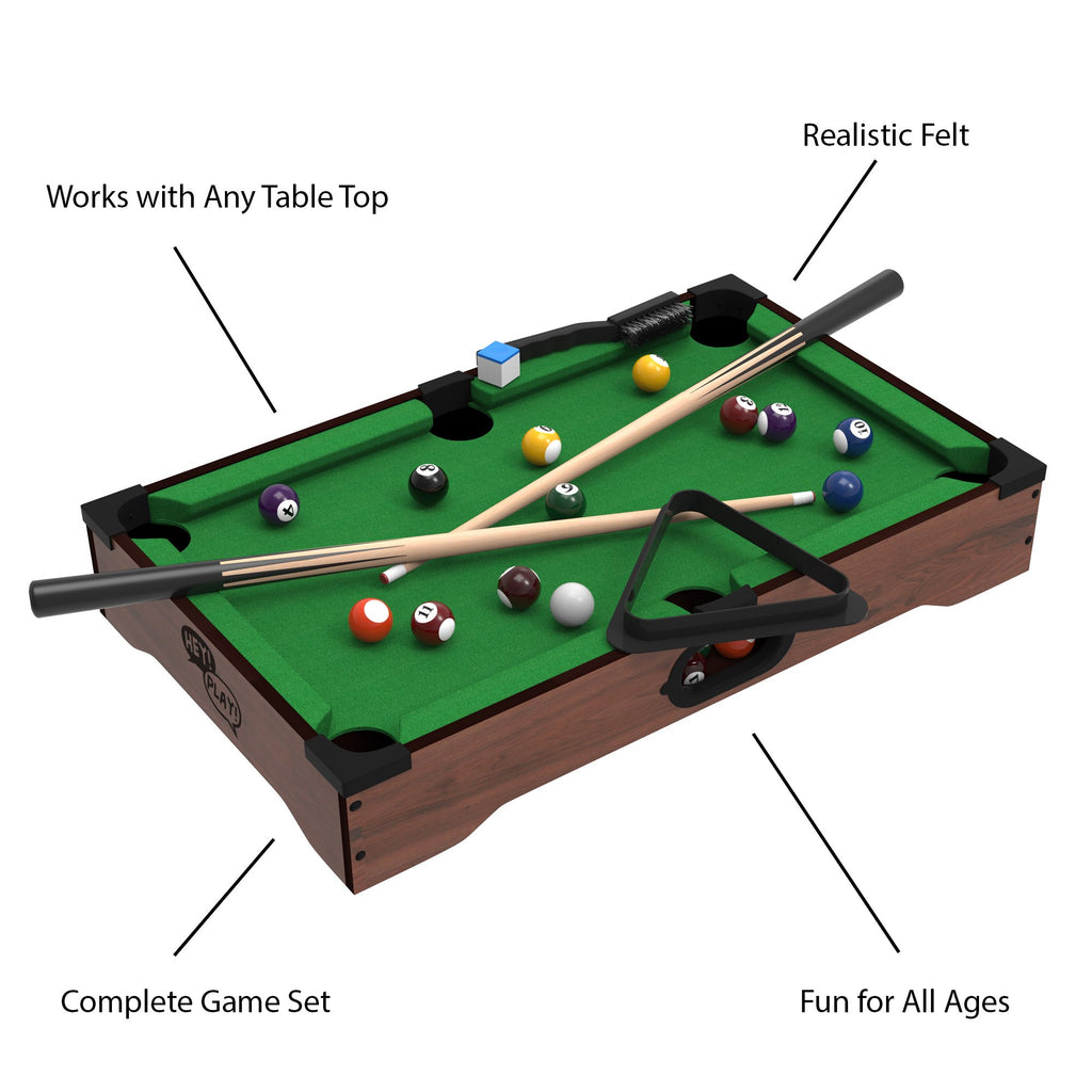 Hey! Play! Mini Tabletop Pool Set- Billiards Game Includes Game Balls, Sticks, Chalk, Brush And Triangle-Portable And Fun For Th