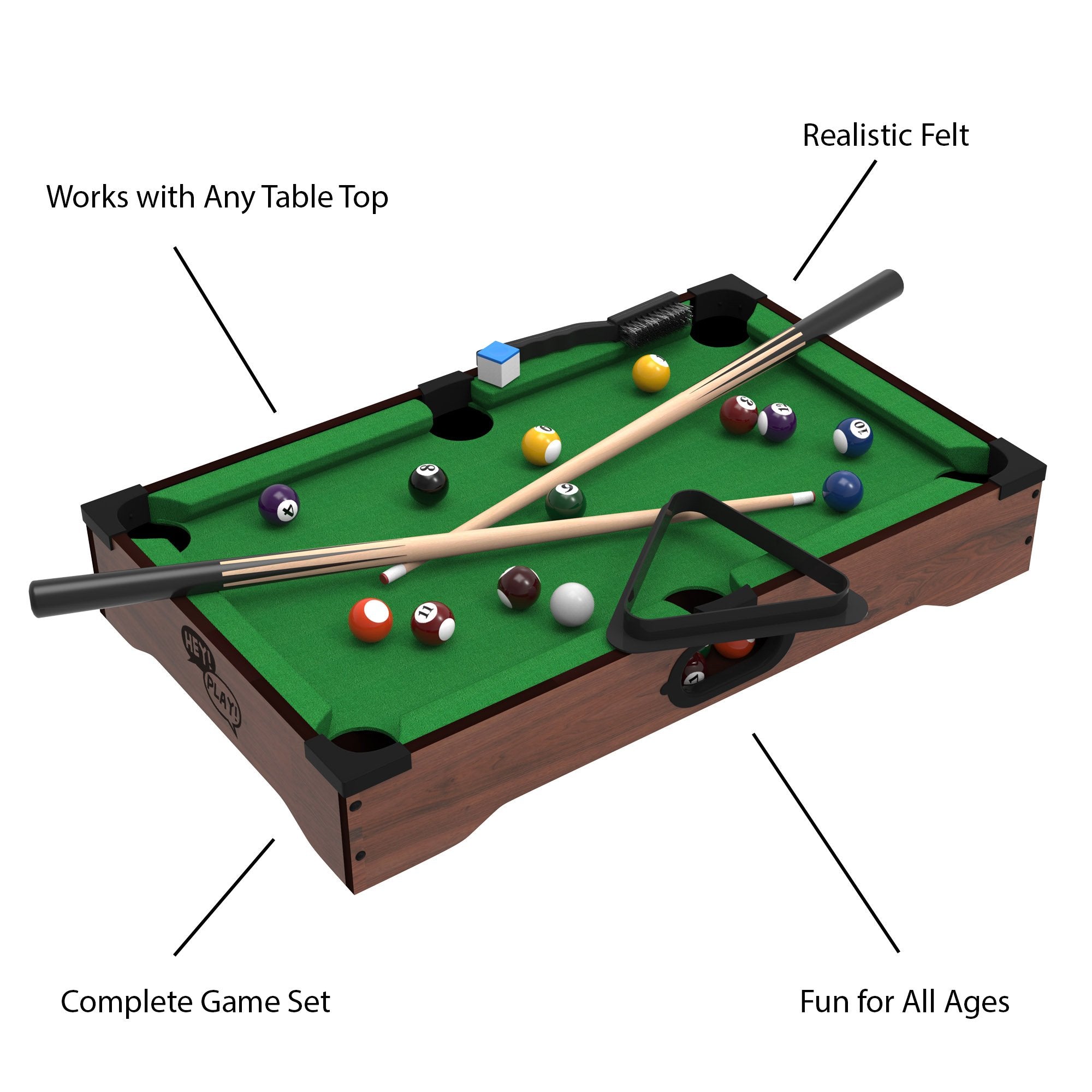 Hey! Play! Mini Tabletop Pool Set- Billiards Game Includes Game Balls, Sticks, Chalk, Brush And Triangle-Portable And Fun For Th
