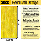 3 Pack Gold Foil Fringe Curtain Backdrop, 3.28Ft X 8.2Ft Metallic Tinsel Foil Fringe Streamer Curtains For Photo Booth, Valentin