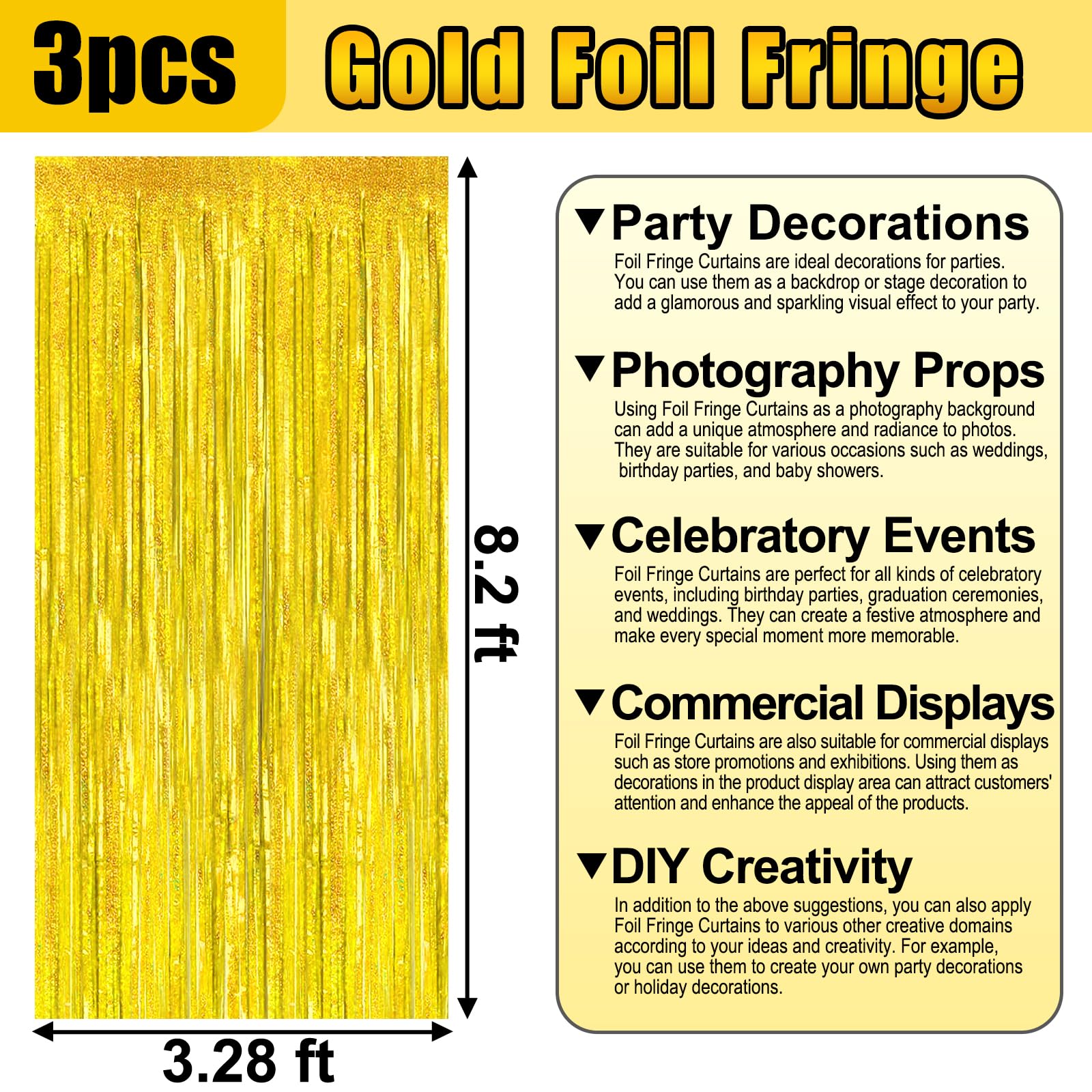 3 Pack Gold Foil Fringe Curtain Backdrop, 3.28Ft X 8.2Ft Metallic Tinsel Foil Fringe Streamer Curtains For Photo Booth, Valentin