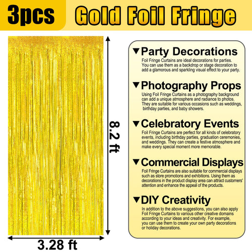 3 Pack Gold Foil Fringe Curtain Backdrop, 3.28Ft X 8.2Ft Metallic Tinsel Foil Fringe Streamer Curtains For Photo Booth, Valentin