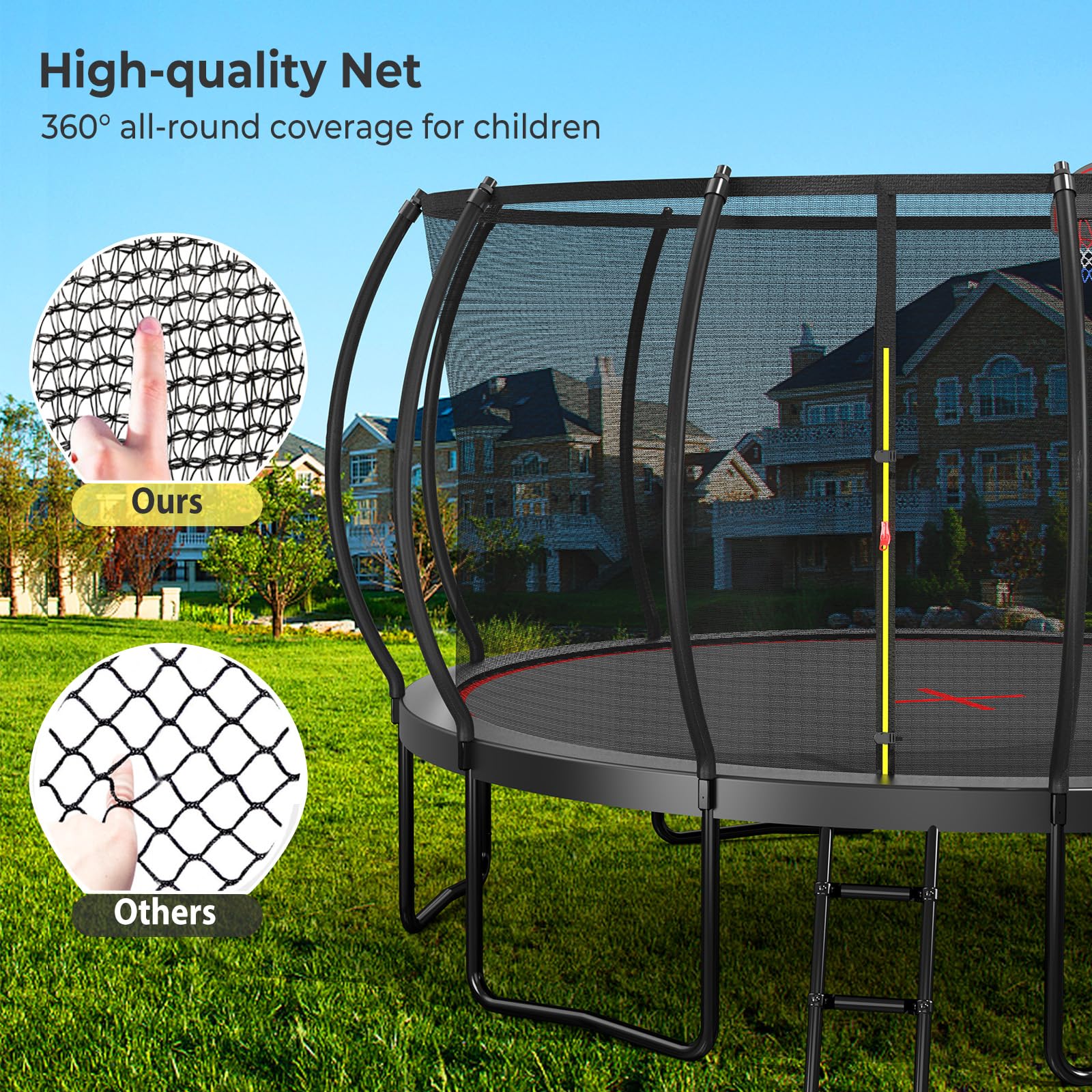Lyromix 14FT Trampoline Outdoor with Basketball Hoop, Trampoline with Lights for Kids and Adults, Recreational Trampolin with Sp